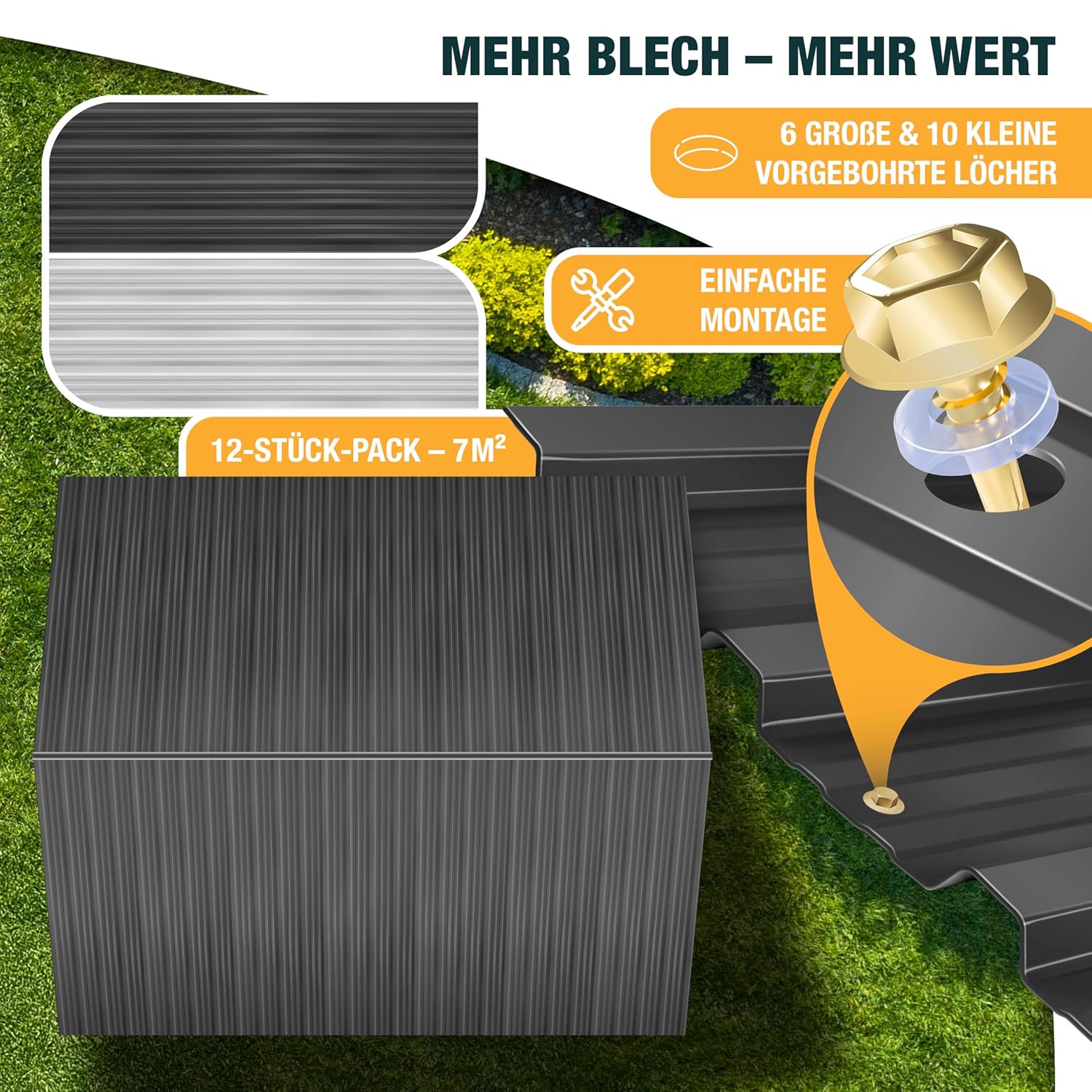 KESSER® 12 Stück Trapezblech Profilblech Set 129x45cm, 7 m2 Dachblech verzinkter Stahl 0,25mm, Dachplatten für Gerätehaus, Schuppen & Dach + Schrauben, Unterlegscheiben & Montagehandschuhe, Anthrazit — Ansicht 3