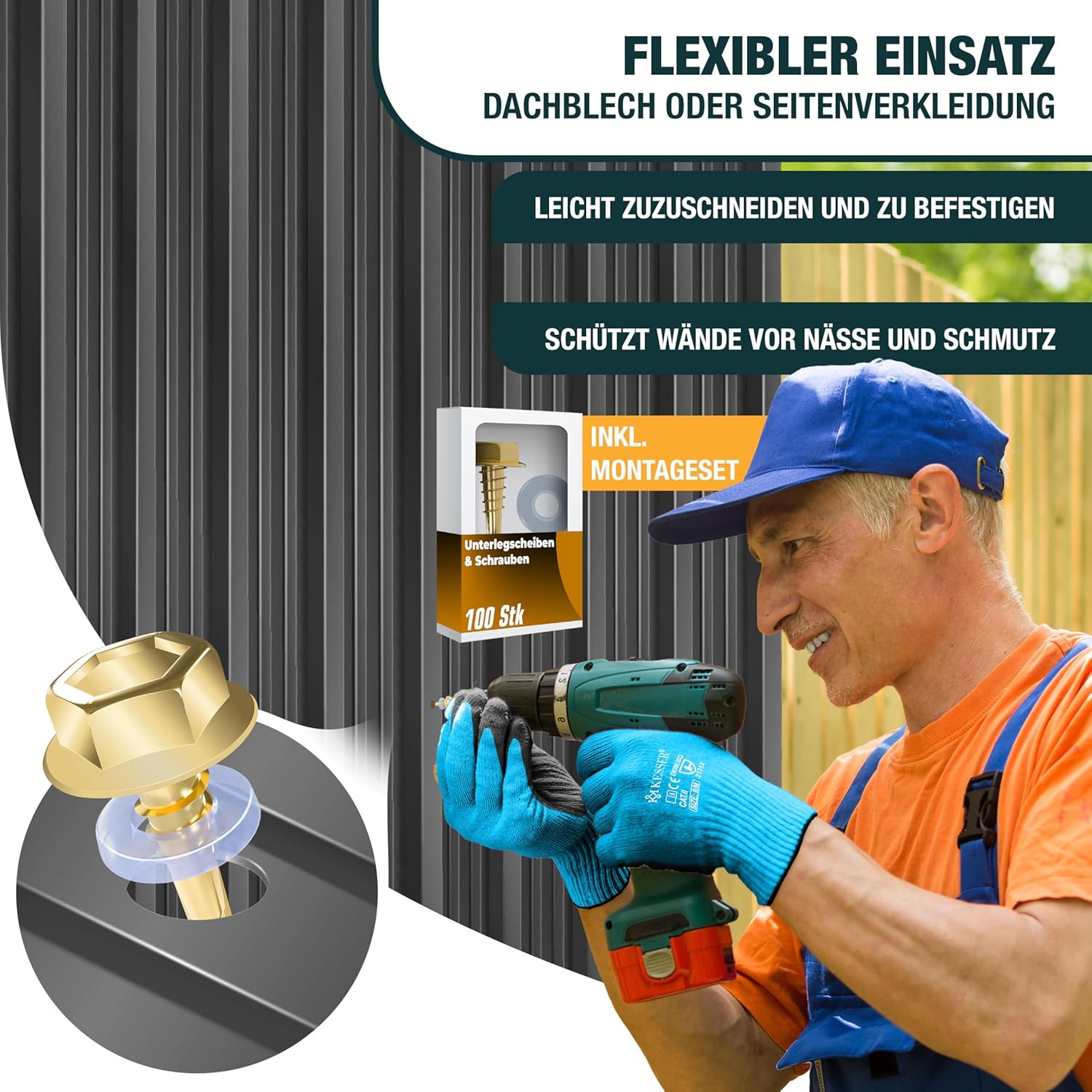 KESSER® 12 Stück Trapezblech Profilblech Set 129x45cm, 7 m2 Dachblech verzinkter Stahl 0,25mm, Dachplatten für Gerätehaus, Schuppen & Dach + Schrauben, Unterlegscheiben & Montagehandschuhe, Anthrazit — Ansicht 6