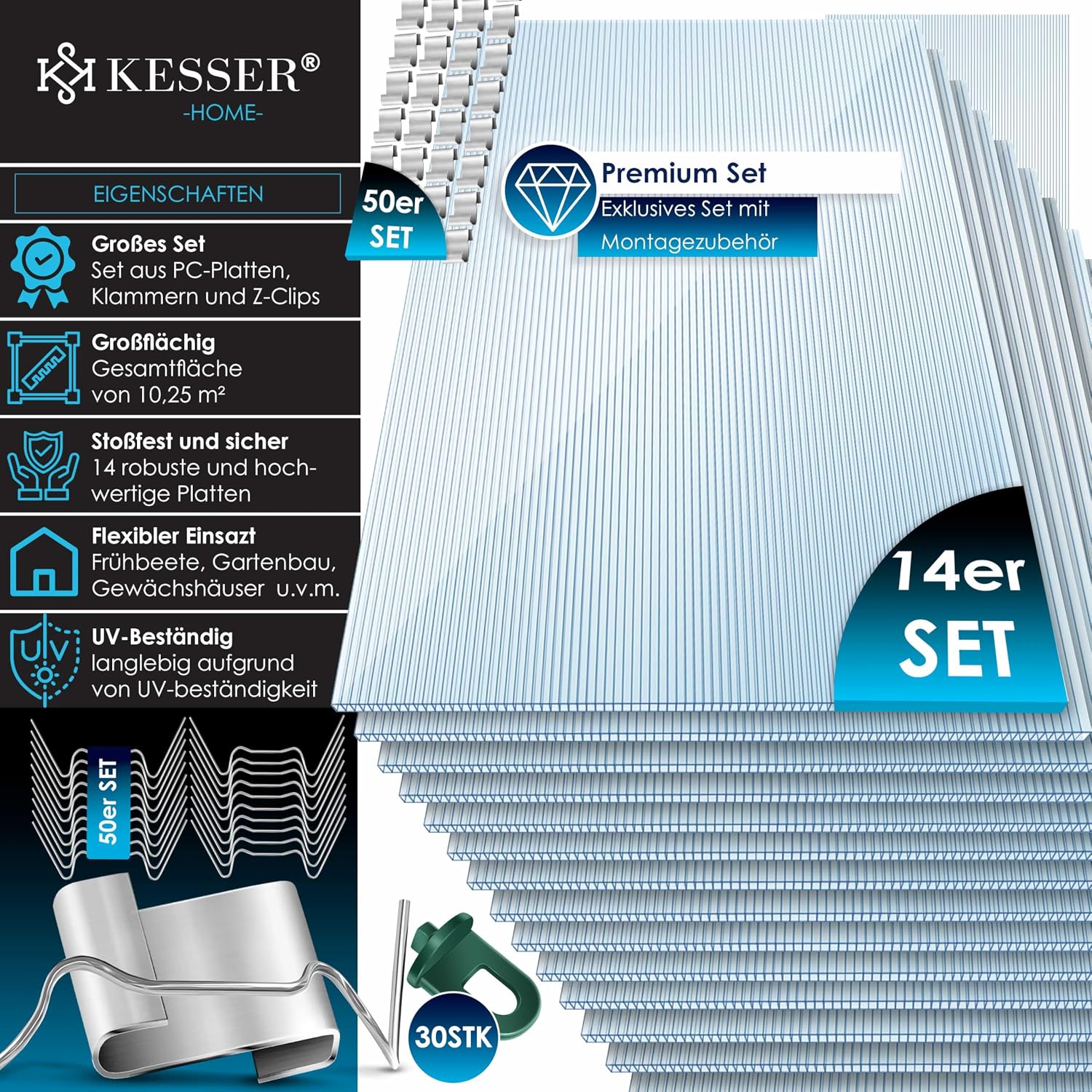 KESSER® 14x Polycarbonat Hohlkammerstegplatten 4mm | 10,25m2 Doppelstegplatte - 60,5 x 121 | Stegplatten UV-beständig Für Gewächshaus Gartenbau Carports | 50xKlammern, 50xZ-Clips & 30xGewächshausclips — Ansicht 2