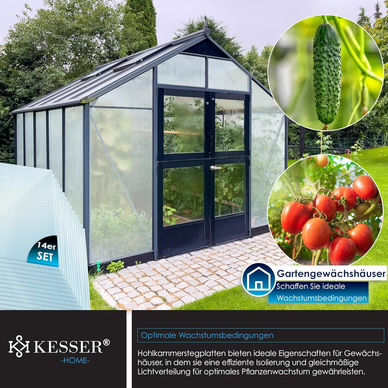 KESSER® 14x Polycarbonat Hohlkammerstegplatten 4mm | 10,25m2 Doppelstegplatte - 60,5 x 121 | Stegplatten UV-beständig Für Gewächshaus Gartenbau Carports | 50xKlammern, 50xZ-Clips & 30xGewächshausclips — Ansicht 3
