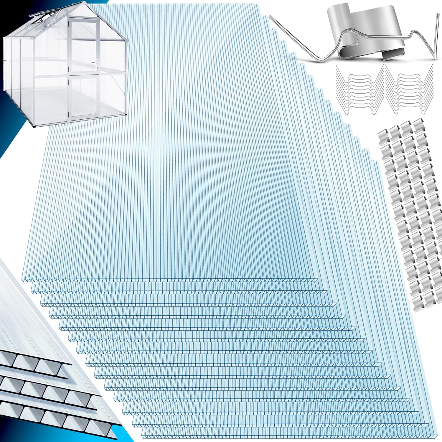 KESSER® 14x Polycarbonat Hohlkammerstegplatten 4mm | 10,25m2 Doppelstegplatte - 60,5 x 121 | Stegplatten UV-beständig Für Gewächshaus Gartenbau Carports | 50xKlammern, 50xZ-Clips & 30xGewächshausclips