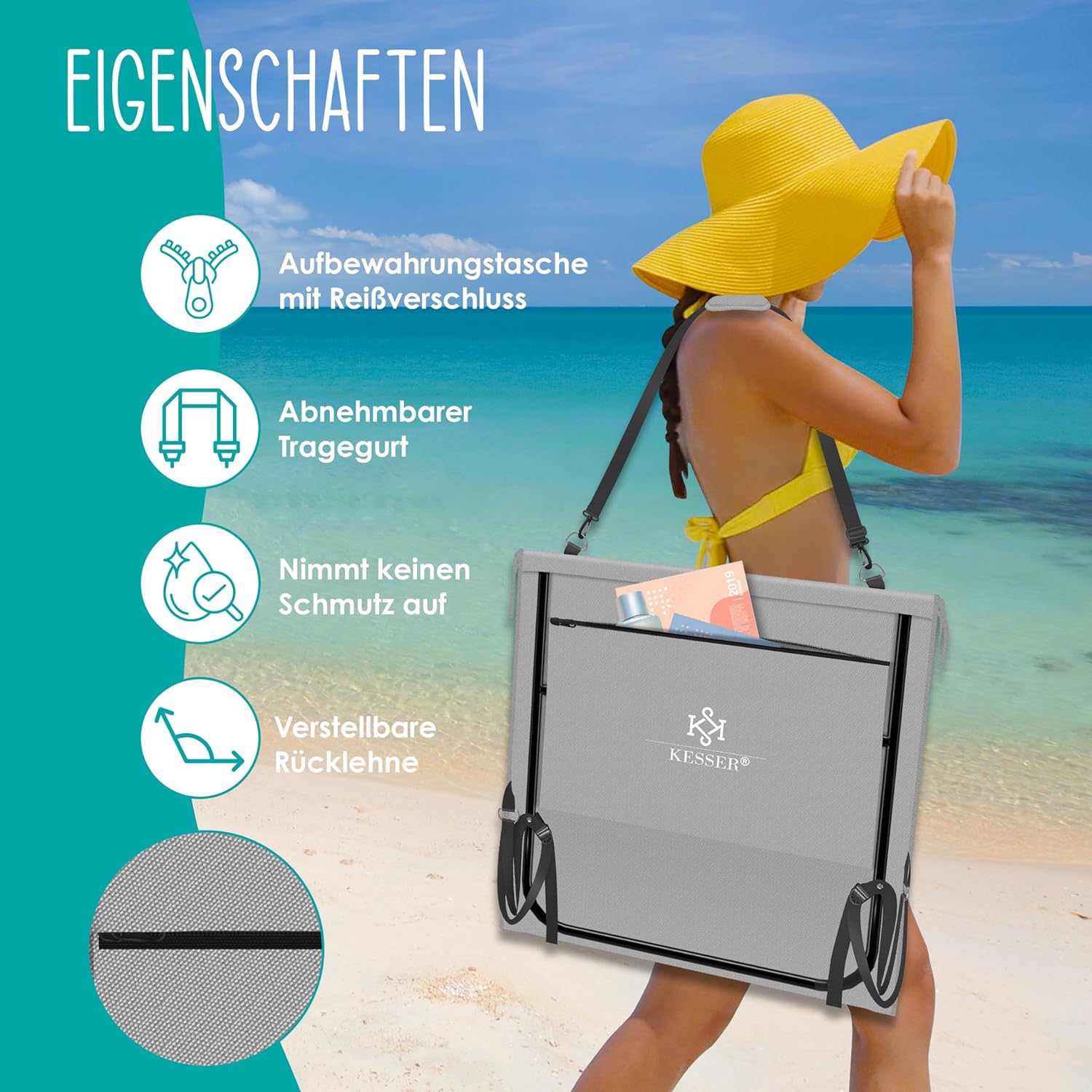 KESSER® 2er Set Strandmatte klappbar mit Verstellbarer Rückenlehne, Tragegurt, wasserdichter Tasche & Aufbewahrung – Faltbare Sonnenliege für Strand, Garten & Terrasse je 130 kg belastbar — Ansicht 4