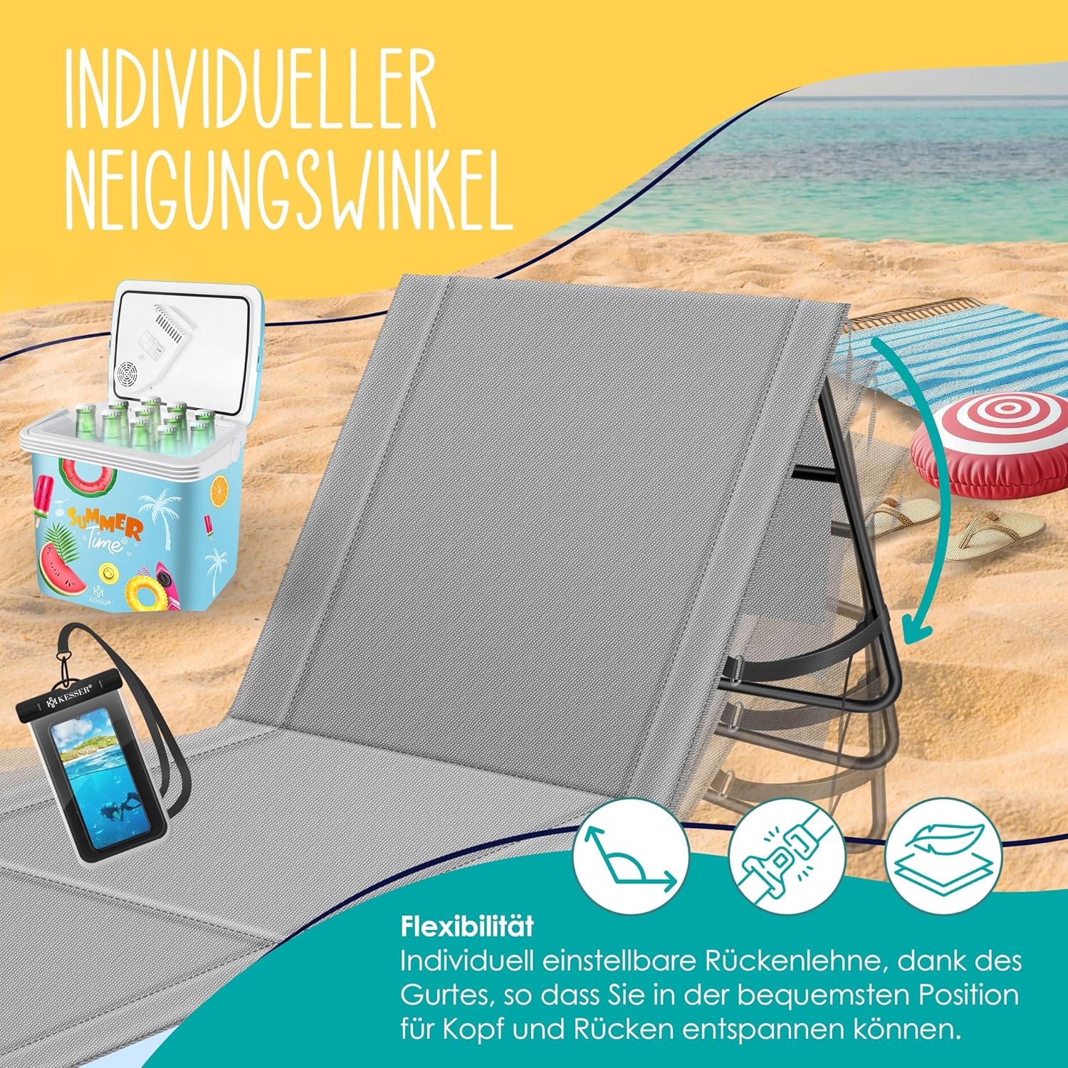 KESSER® 2er Set Strandmatte klappbar mit Verstellbarer Rückenlehne, Tragegurt, wasserdichter Tasche & Aufbewahrung – Faltbare Sonnenliege für Strand, Garten & Terrasse je 130 kg belastbar — Ansicht 5