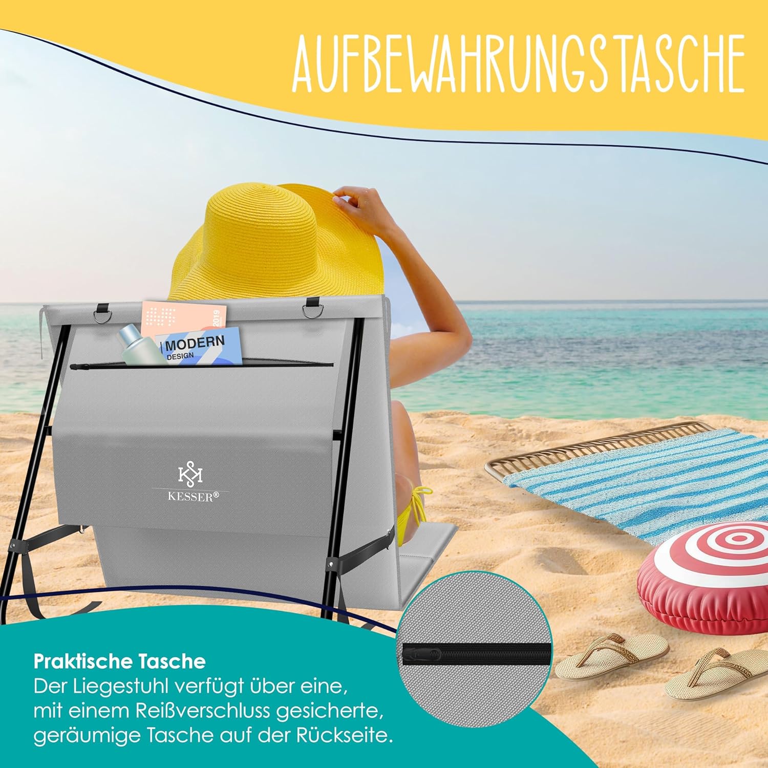 KESSER® 2er Set Strandmatte klappbar mit Verstellbarer Rückenlehne, Tragegurt, wasserdichter Tasche & Aufbewahrung – Faltbare Sonnenliege für Strand, Garten & Terrasse je 130 kg belastbar — Ansicht 6