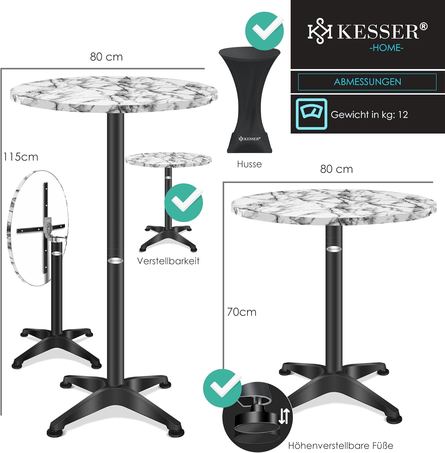 KESSER® 2in1 Stehtisch klappbar Bistrotisch 1er Set | Aluminium Edelstahlplatte | höhenverstellbar 70cm / 115cm | Partytisch Tisch Ø 80cm | In- & Outdoor Empfangstisch | Klapptisch mit Husse Marmor — Ansicht 2