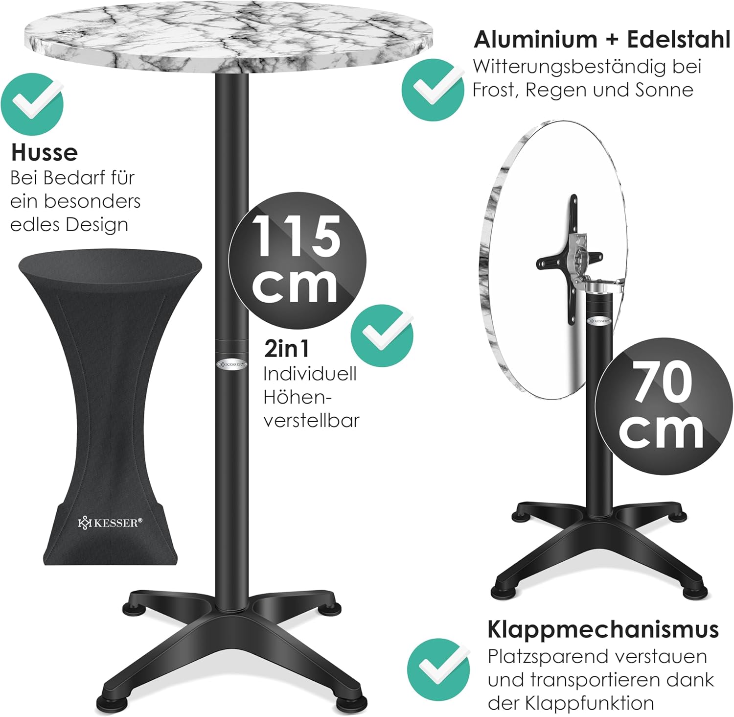 KESSER® 2in1 Stehtisch klappbar Bistrotisch 1er Set | Aluminium Edelstahlplatte | höhenverstellbar 70cm / 115cm | Partytisch Tisch Ø 80cm | In- & Outdoor Empfangstisch | Klapptisch mit Husse Marmor — Ansicht 5