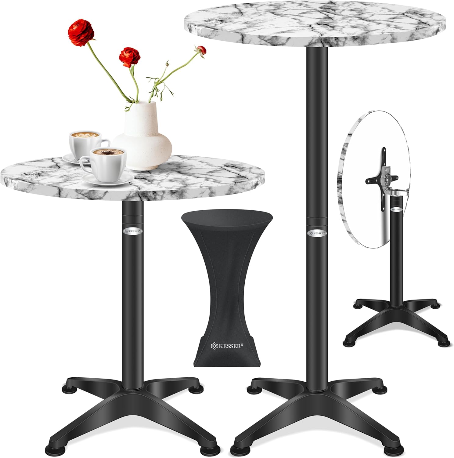 KESSER® 2in1 Stehtisch klappbar Bistrotisch 1er Set | Aluminium Edelstahlplatte | höhenverstellbar 70cm / 115cm | Partytisch Tisch Ø 80cm | In- & Outdoor Empfangstisch | Klapptisch mit Husse Marmor