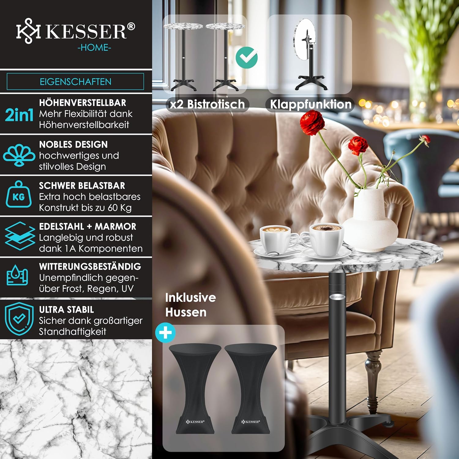 KESSER® 2in1 Stehtisch klappbar Bistrotisch 2er Set | Aluminium Edelstahlplatte | höhenverstellbar 70cm / 115cm | Partytisch Tisch Ø 80cm | In- & Outdoor Empfangstisch | Klapptisch mit Husse Marmor — Ansicht 3