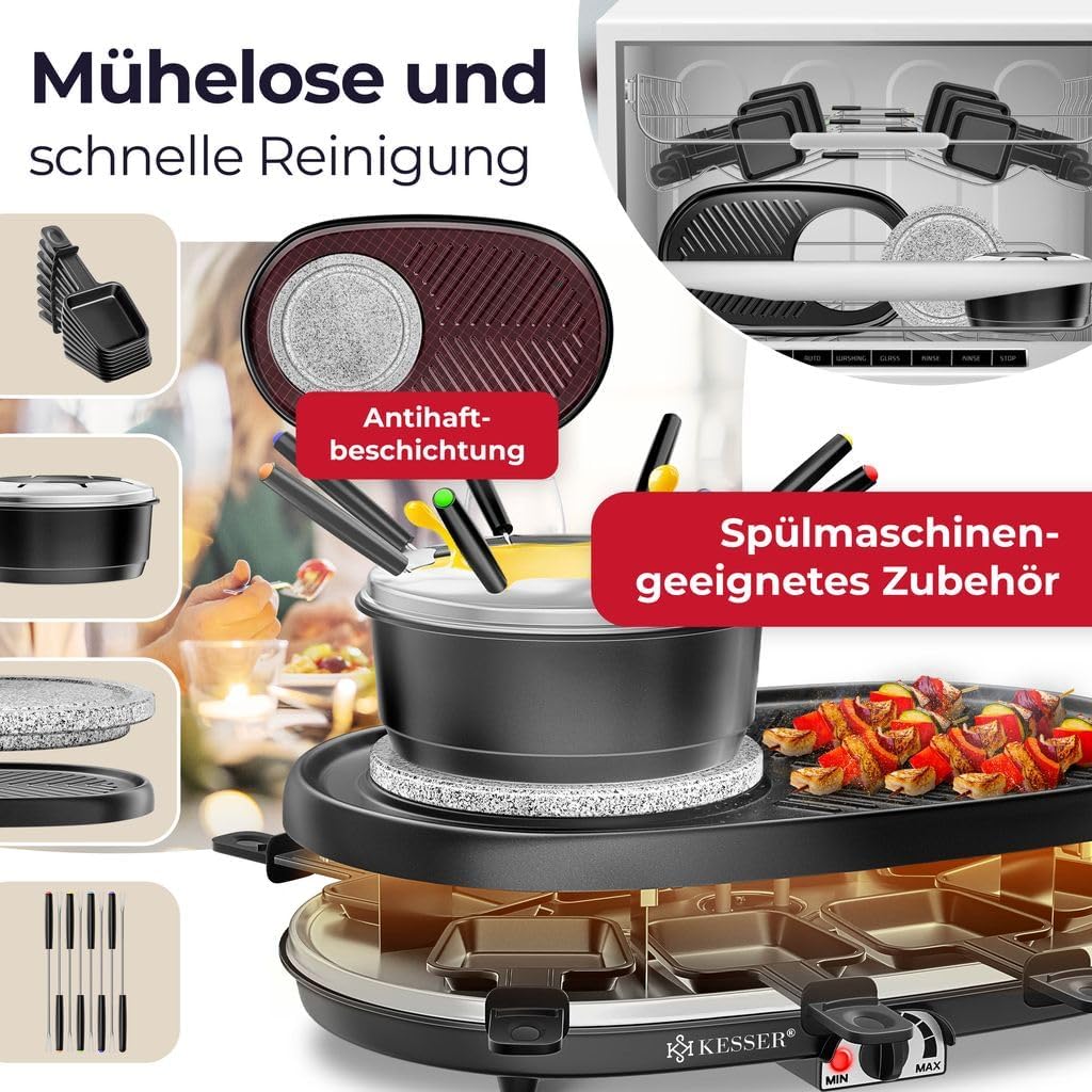 KESSER® 3in1 Raclette-Grill mit Naturgrillstein, Grillplatte und Fondue, Tischgrill für 8 Personen, Elektrogrill Raclette Grill antihaftbeschichteter Grillplatte, 8 Pfannen und Holzspatel — Ansicht 4