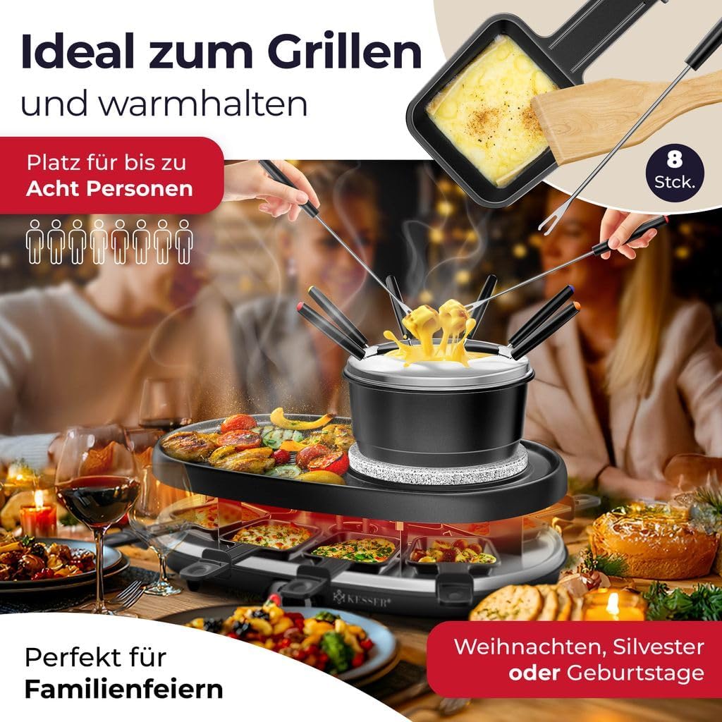 KESSER® 3in1 Raclette-Grill mit Naturgrillstein, Grillplatte und Fondue, Tischgrill für 8 Personen, Elektrogrill Raclette Grill antihaftbeschichteter Grillplatte, 8 Pfannen und Holzspatel — Ansicht 6