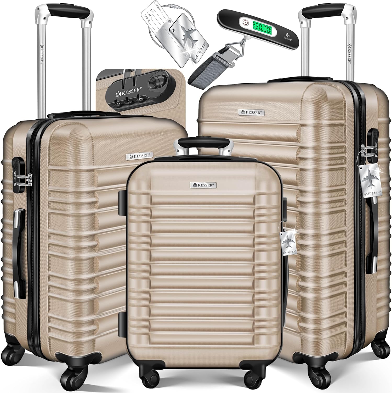 KESSER® 3tlg. Hartschalenkofferset Hartschalenkoffer Reisekoffer Set Reisekofferset Trolley Koffer 4 Rollen ABS-Hartschale Teleskopgriff Inkl. Kofferwaage + Gepäckanhänger Rollkoffer Schloss, M-L-XL