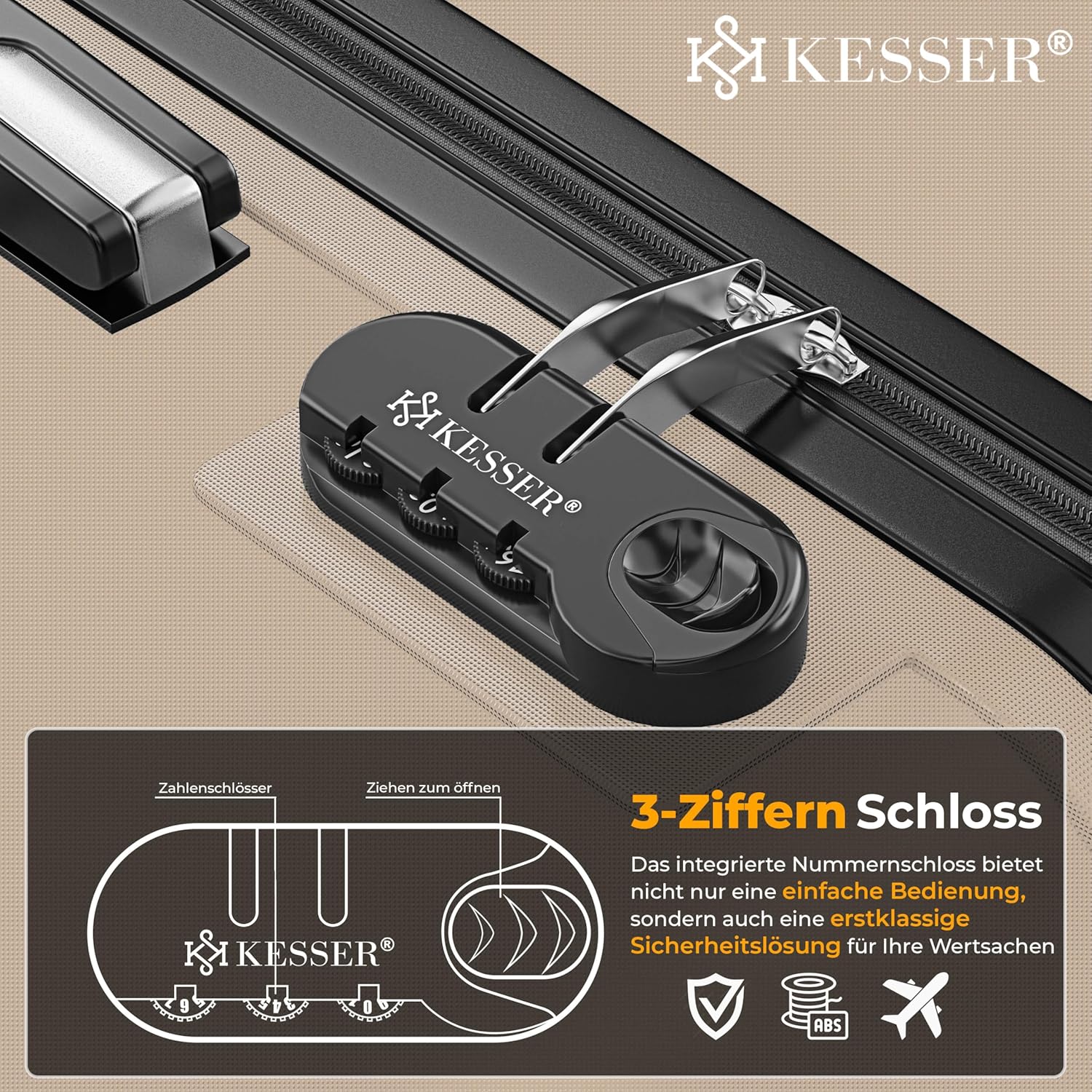 KESSER® 3tlg. Hartschalenkofferset Hartschalenkoffer Reisekoffer Set Reisekofferset Trolley Koffer 4 Rollen ABS-Hartschale Teleskopgriff Inkl. Kofferwaage + Gepäckanhänger Rollkoffer Schloss, M-L-XL — Ansicht 3