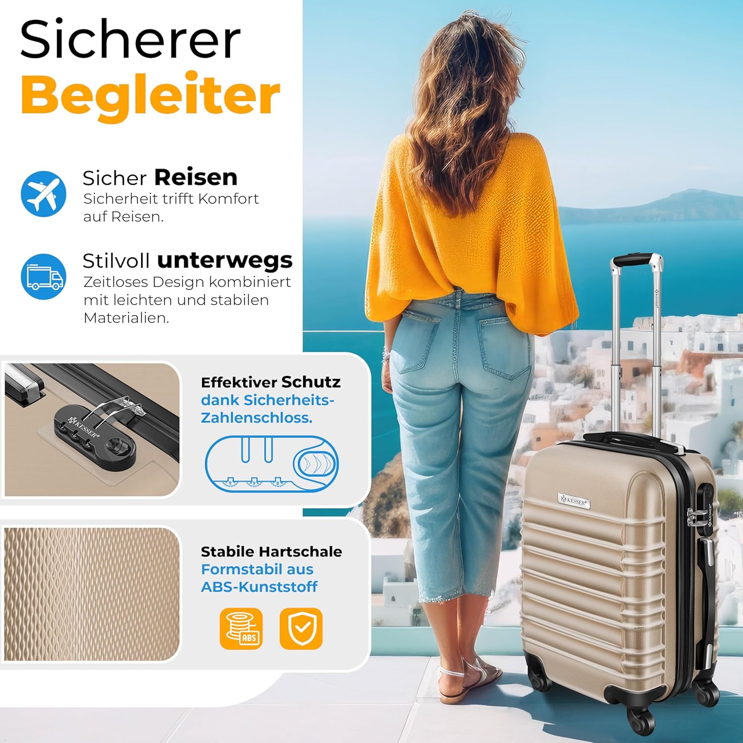 KESSER® 3tlg. Hartschalenkofferset Hartschalenkoffer Reisekoffer Set Reisekofferset Trolley Koffer 4 Rollen ABS-Hartschale Teleskopgriff Inkl. Kofferwaage + Gepäckanhänger Rollkoffer Schloss, M-L-XL — Ansicht 6