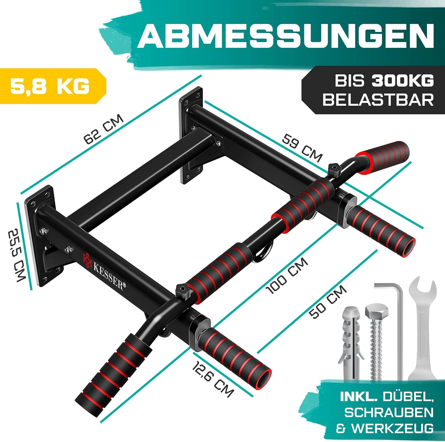 KESSER® 4in1 Klimmzugstange zur Wandmontage rutschfesten Griffen zusätzliche Funktion für Seile Ringe und Boxsäcke mit verschiedenen Griffpositionen | sicher & stabil | Pull Up Bar für zuhause — Ansicht 2
