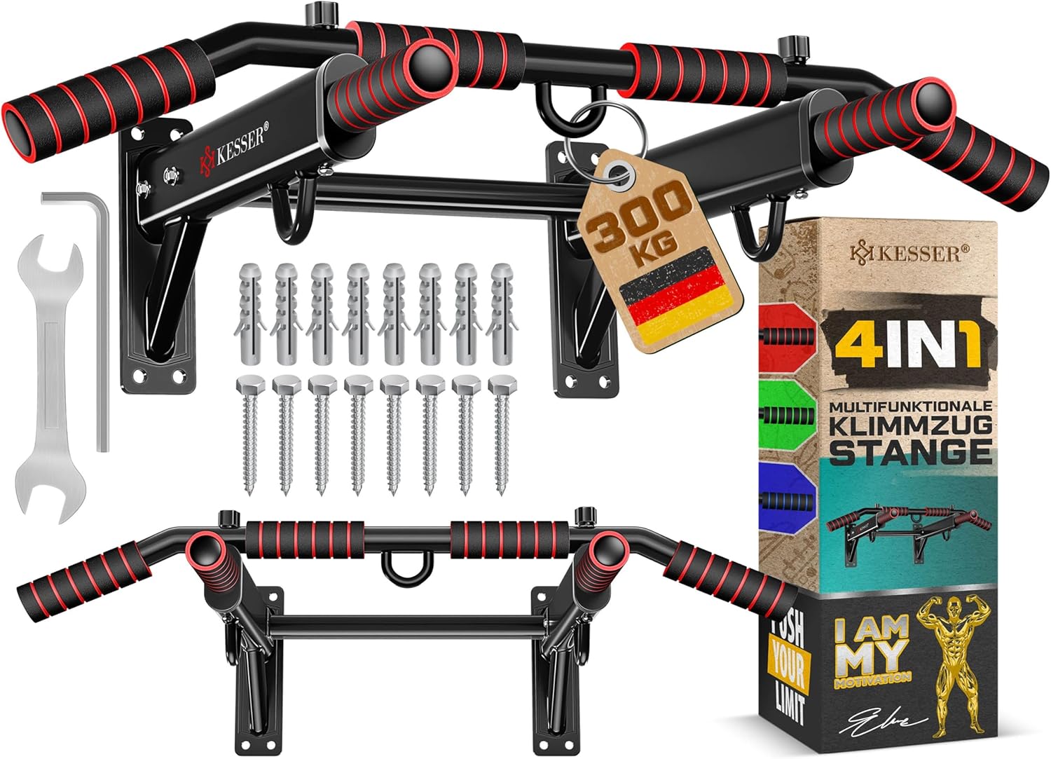 KESSER® 4in1 Klimmzugstange zur Wandmontage rutschfesten Griffen zusätzliche Funktion für Seile Ringe und Boxsäcke mit verschiedenen Griffpositionen | sicher & stabil | Pull Up Bar für zuhause