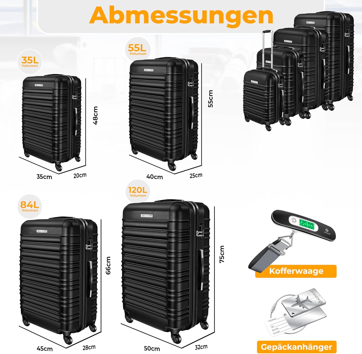 KESSER® 4tlg. Hartschalenkofferset Hartschalenkoffer Reisekoffer Set Reisekofferset Trolley Koffer 4 Rollen ABS-Hartschale Teleskopgriff Inkl. Kofferwaage + Gepäckanhänger Rollkoffer Schloss, S-M-L-XL — Ansicht 2