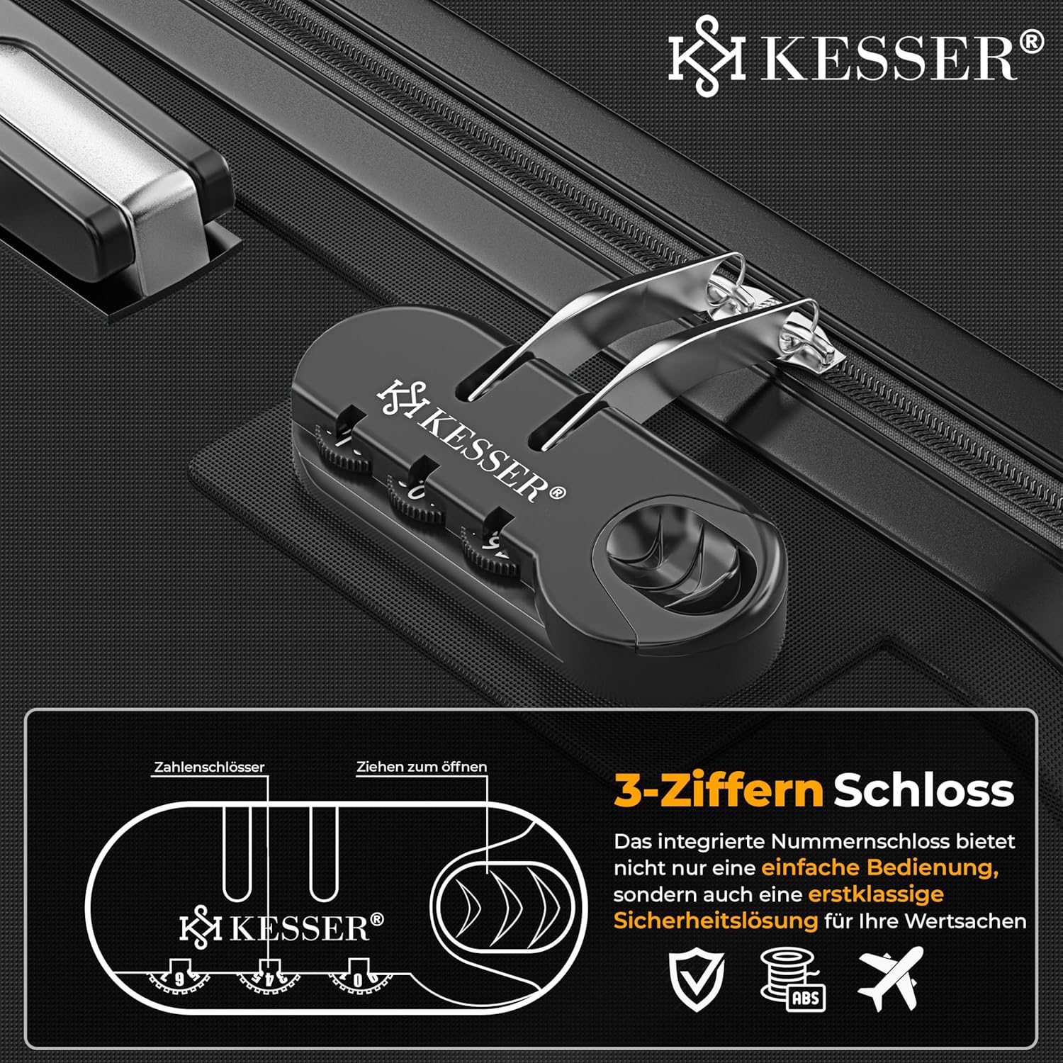 KESSER® 4tlg. Hartschalenkofferset Hartschalenkoffer Reisekoffer Set Reisekofferset Trolley Koffer 4 Rollen ABS-Hartschale Teleskopgriff Inkl. Kofferwaage + Gepäckanhänger Rollkoffer Schloss, S-M-L-XL — Ansicht 3
