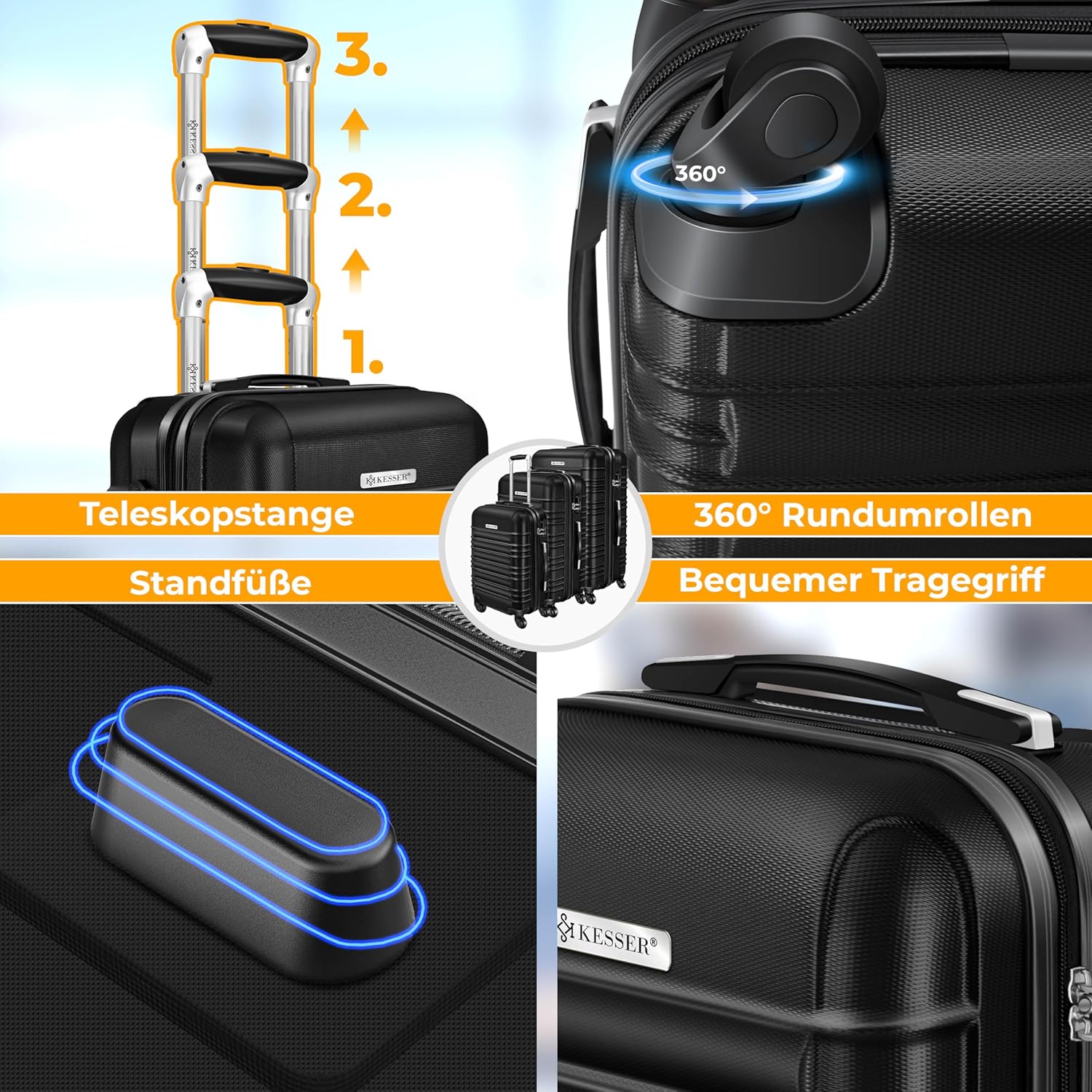 KESSER® 4tlg. Hartschalenkofferset Hartschalenkoffer Reisekoffer Set Reisekofferset Trolley Koffer 4 Rollen ABS-Hartschale Teleskopgriff Inkl. Kofferwaage + Gepäckanhänger Rollkoffer Schloss, S-M-L-XL — Ansicht 5