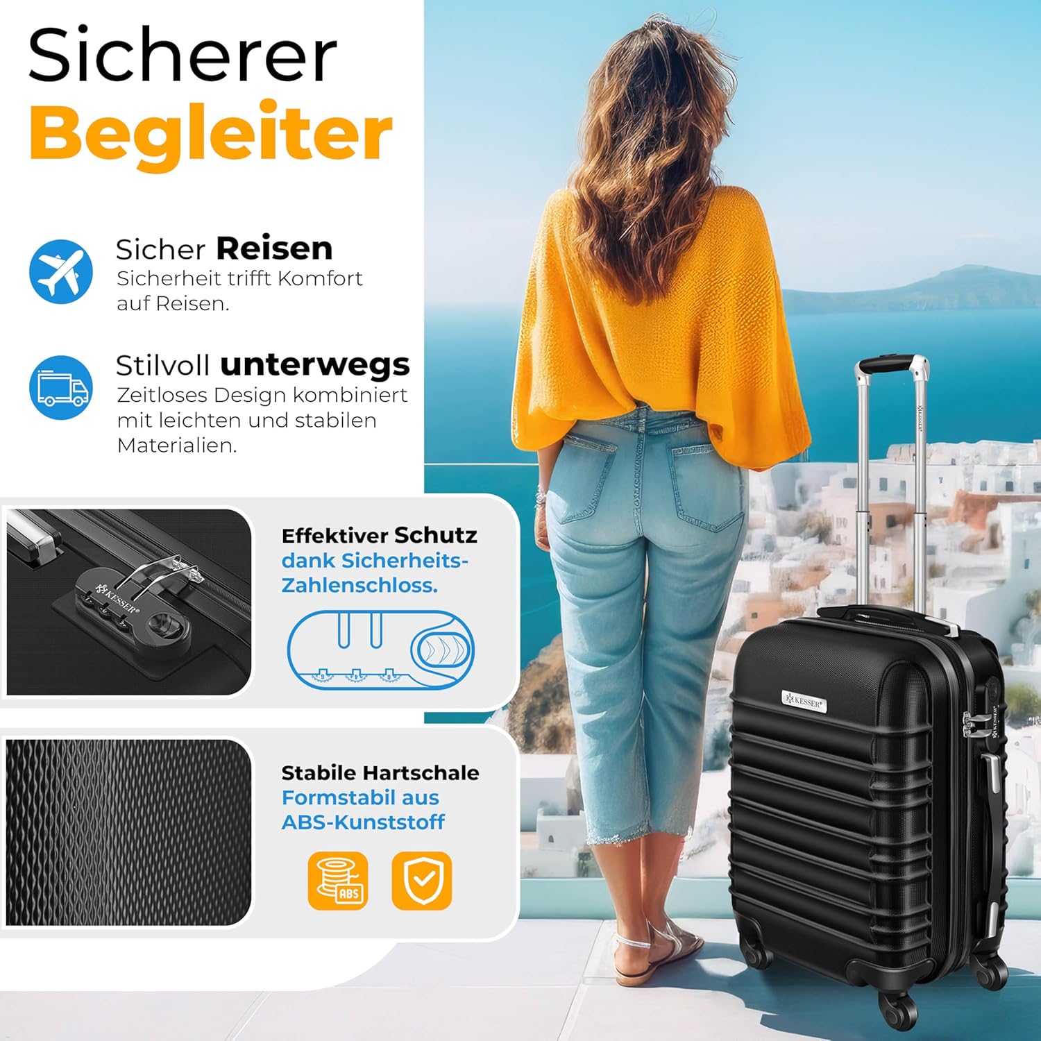 KESSER® 4tlg. Hartschalenkofferset Hartschalenkoffer Reisekoffer Set Reisekofferset Trolley Koffer 4 Rollen ABS-Hartschale Teleskopgriff Inkl. Kofferwaage + Gepäckanhänger Rollkoffer Schloss, S-M-L-XL — Ansicht 6