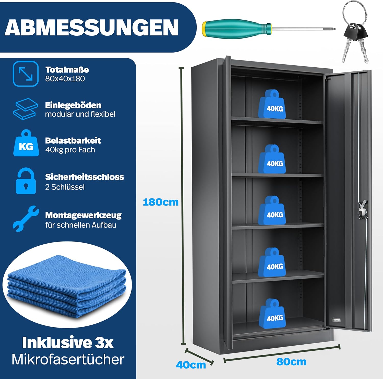 KESSER® Aktenschrank abschließbar mit Flügeltüren 180x80x40cm | Büroschrank aus Stahl mit 4 höhenverstellbaren Einlegeböden | Mehrzweckschrank 5 flexible Fächer, max. 40 kg pro Fach, inkl. 2 Schlüssel — Ansicht 2