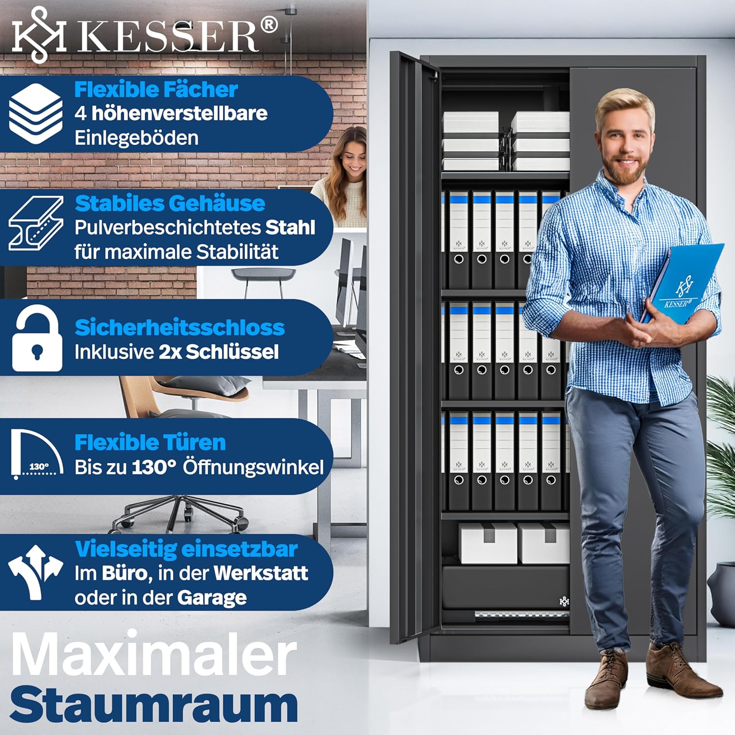 KESSER® Aktenschrank abschließbar mit Flügeltüren 180x80x40cm | Büroschrank aus Stahl mit 4 höhenverstellbaren Einlegeböden | Mehrzweckschrank 5 flexible Fächer, max. 40 kg pro Fach, inkl. 2 Schlüssel — Ansicht 5