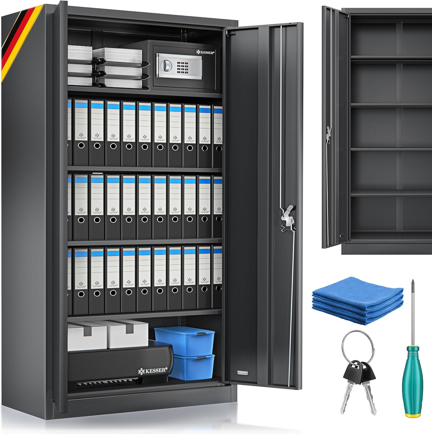 KESSER® Aktenschrank abschließbar mit Flügeltüren 180x80x40cm | Büroschrank aus Stahl mit 4 höhenverstellbaren Einlegeböden | Mehrzweckschrank 5 flexible Fächer, max. 40 kg pro Fach, inkl. 2 Schlüssel
