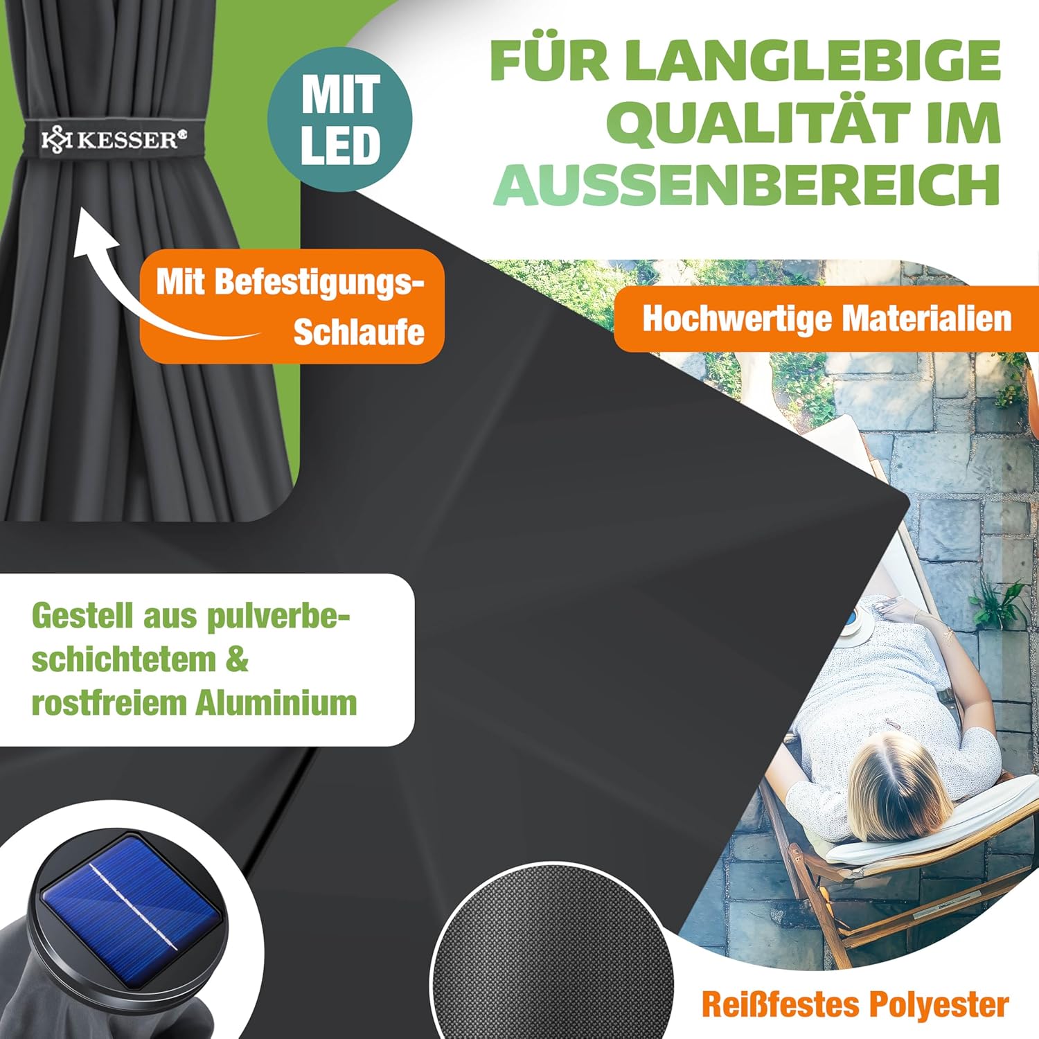 KESSER® Ampelschirm Sonnenschirm Rechteckig | Kurbel-Schirm mit Ständer UV-Schutz Aluminium Wasserabweisend 250 x 250 cm Gartenschirm, inkl. Windsicherung & Abdeckung, Anthrazit — Ansicht 3