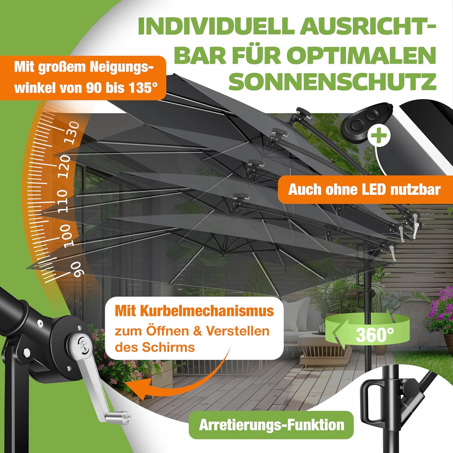 KESSER® Ampelschirm Sonnenschirm Rechteckig | Kurbel-Schirm mit Ständer UV-Schutz Aluminium Wasserabweisend 250 x 250 cm Gartenschirm, inkl. Windsicherung & Abdeckung, Anthrazit — Ansicht 5