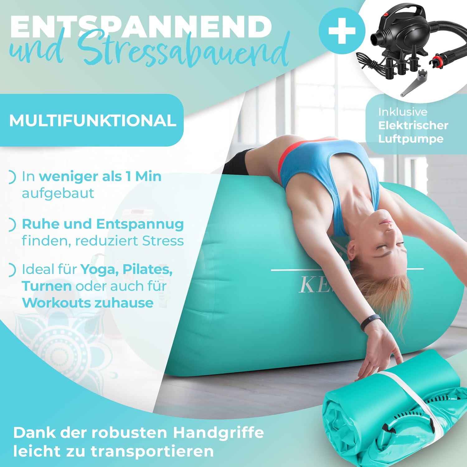 KESSER® Aufblasbare Airtrack | inkl. Tragetasche & elektr. Luftpumpe | Barrel Tumbling, Yoga, Fitnessmatte, Trainingshilfe, Turnmatte, Balance Trainer, Sportmatte, Gymnastikmatte, Workout — Ansicht 3