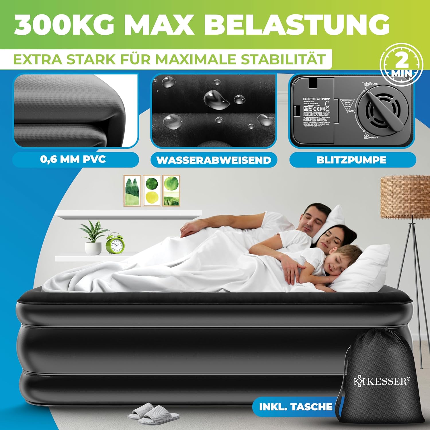 KESSER® Aufblasbare Matratze Luftbett Selbstaufblasend Gästebett mit eingebauter elektrischer Pumpe, Luftmatratze für Camping oder Heimgebrauch Mit Tasche, geeignet für 2 Person - 203 x 152,5 x 51cm — Ansicht 3