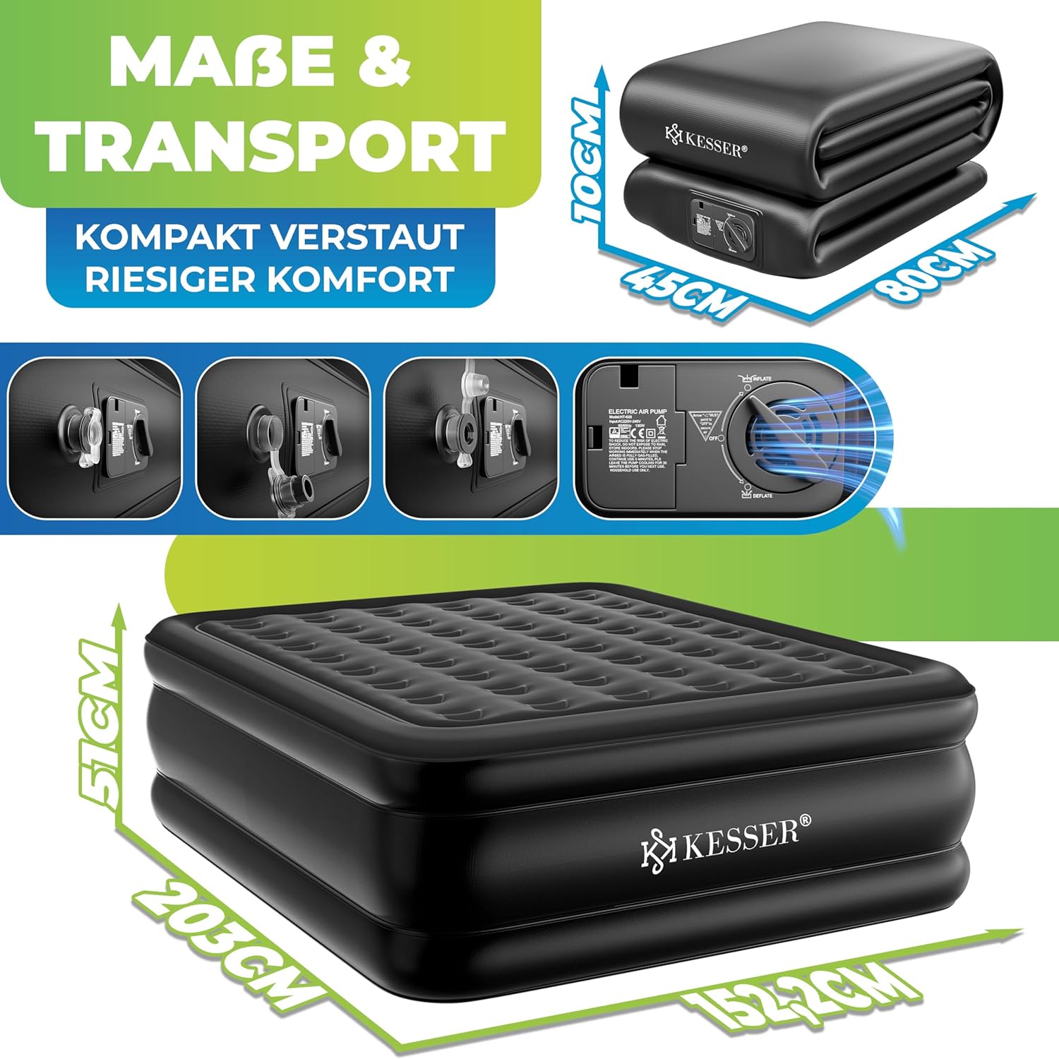 KESSER® Aufblasbare Matratze Luftbett Selbstaufblasend Gästebett mit eingebauter elektrischer Pumpe, Luftmatratze für Camping oder Heimgebrauch Mit Tasche, geeignet für 2 Person - 203 x 152,5 x 51cm — Ansicht 6