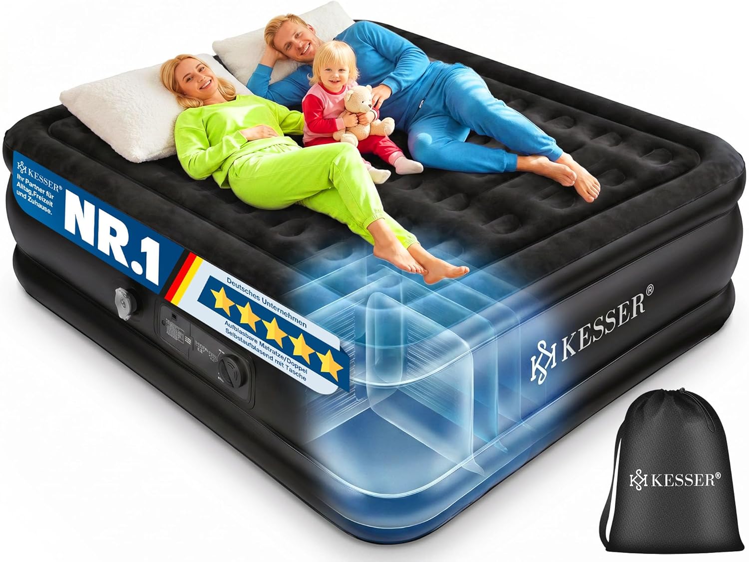 KESSER® Aufblasbare Matratze Luftbett Selbstaufblasend Gästebett mit eingebauter elektrischer Pumpe, Luftmatratze für Camping oder Heimgebrauch Mit Tasche, geeignet für 2 Person - 203 x 152,5 x 51cm