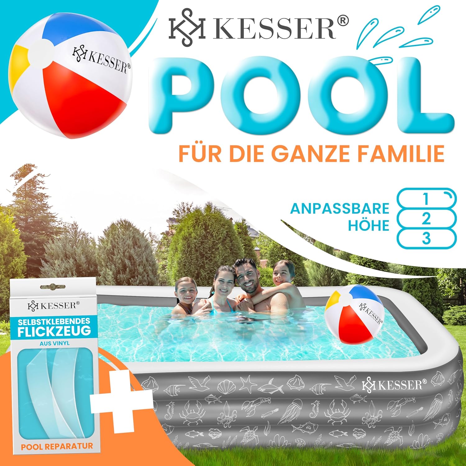 KESSER® Aufblasbarer Pool Familienpool für Kinder und Erwachsene Gartenschwimmbad Familienschwimmbad Sommer 305x183x56 cm Planschbecken 1180 Liter Füllmenge Kinderfreundlich Inkl. Flickzeug & Ball — Ansicht 2