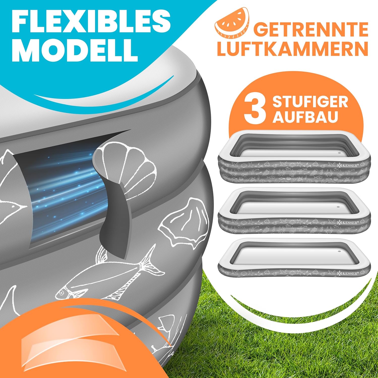 KESSER® Aufblasbarer Pool Familienpool für Kinder und Erwachsene Gartenschwimmbad Familienschwimmbad Sommer 305x183x56 cm Planschbecken 1180 Liter Füllmenge Kinderfreundlich Inkl. Flickzeug & Ball — Ansicht 4
