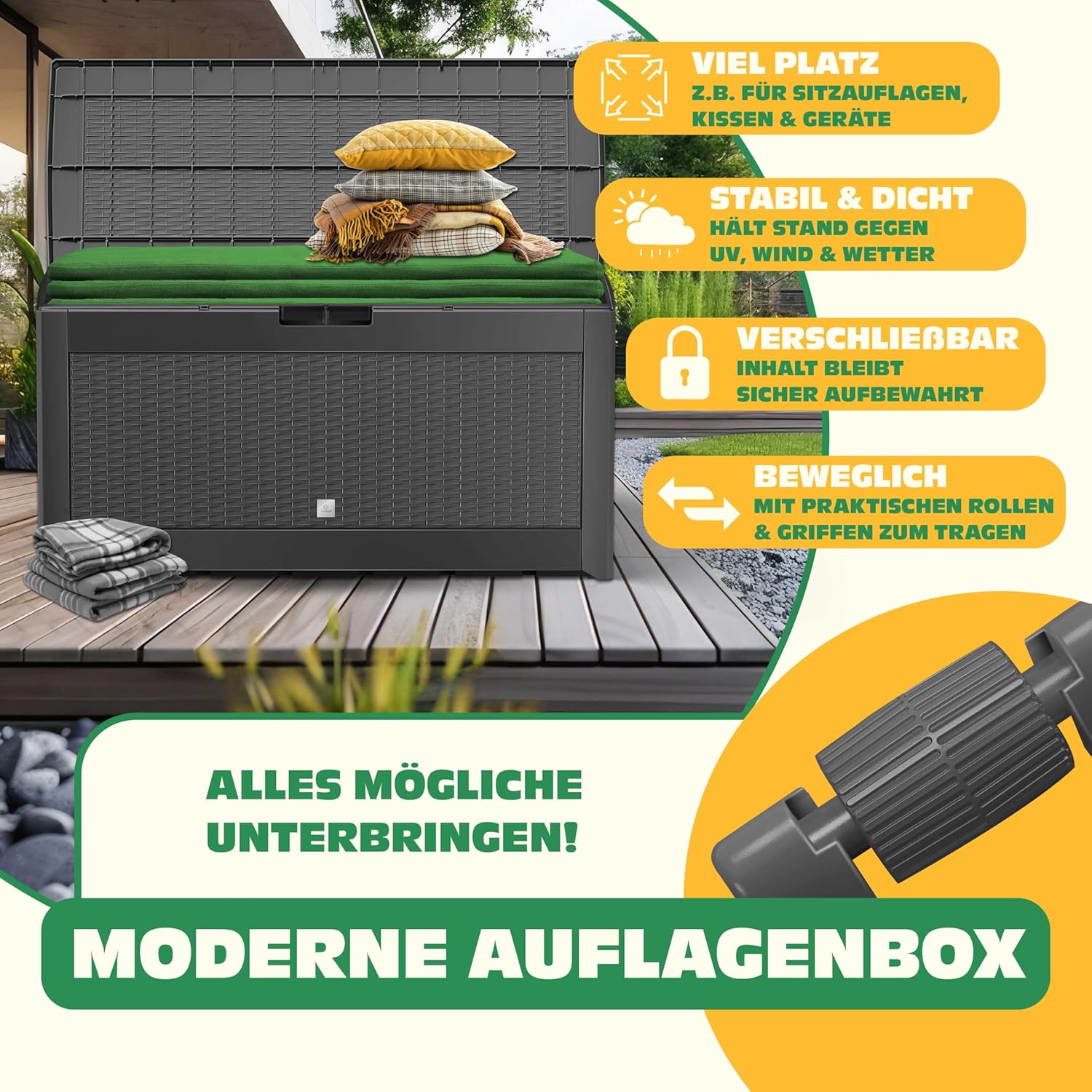 KESSER® Auflagenbox Kissenbox 310L, Klicksystem, mit Rollen & Haltegriffen, Deckel mit Hubautomatik, abschließbar, bis zu 290kg, Gartenbox Wasserdicht, Vielseitige Kissenbox, Rattanoptik-Anthrazit — Ansicht 2