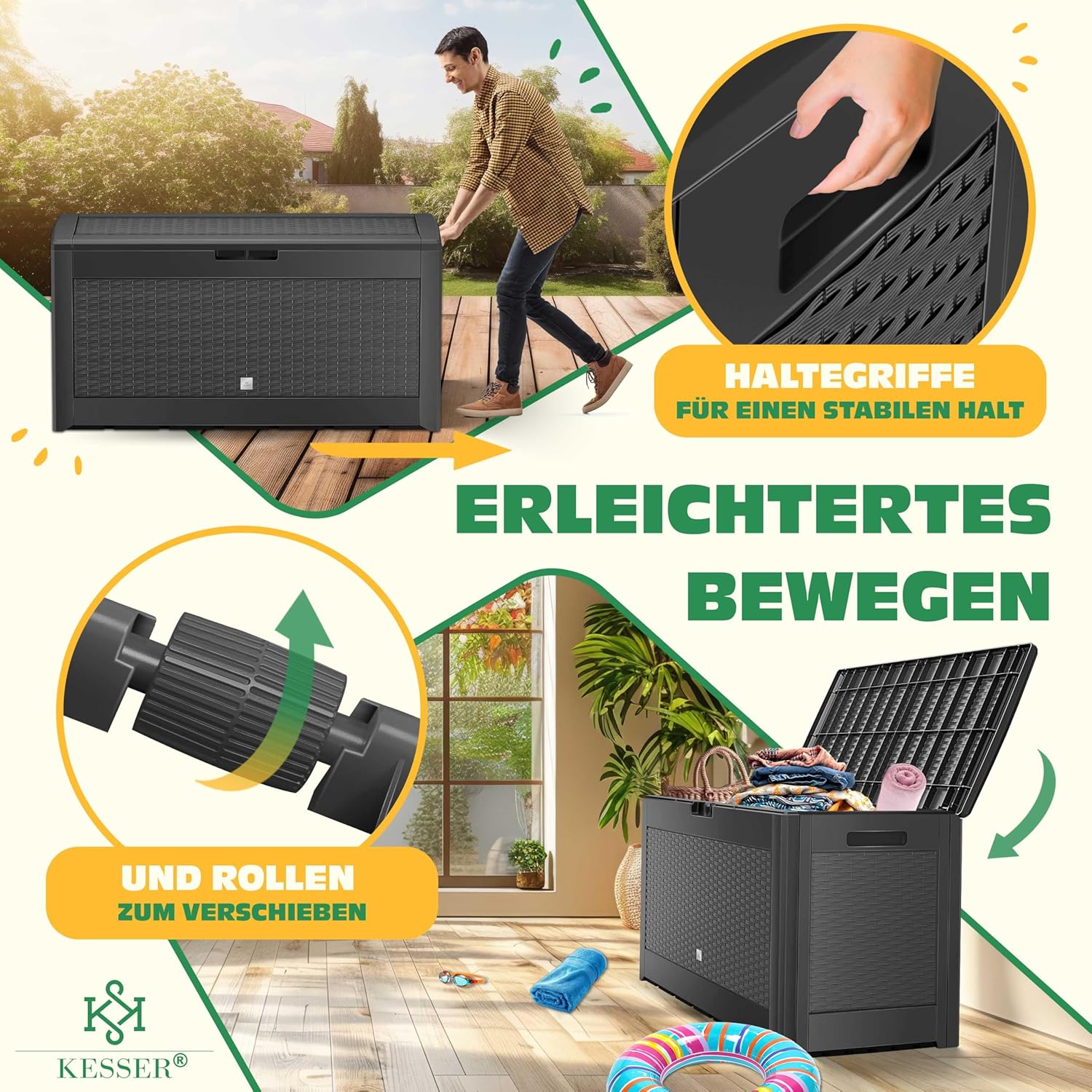 KESSER® Auflagenbox Kissenbox 310L, Klicksystem, mit Rollen & Haltegriffen, Deckel mit Hubautomatik, abschließbar, bis zu 290kg, Gartenbox Wasserdicht, Vielseitige Kissenbox, Rattanoptik-Anthrazit — Ansicht 5