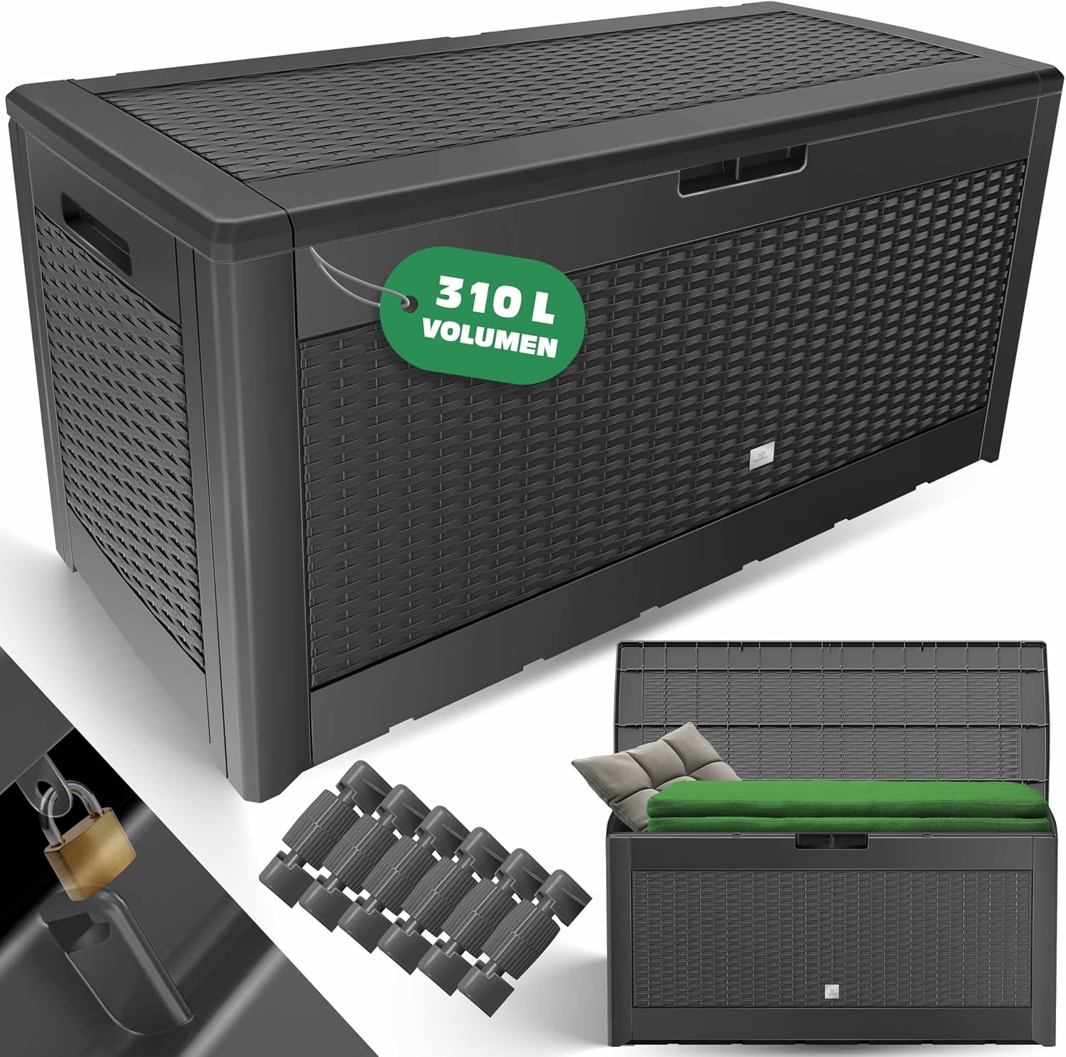 KESSER® Auflagenbox Kissenbox 310L, Klicksystem, mit Rollen & Haltegriffen, Deckel mit Hubautomatik, abschließbar, bis zu 290kg, Gartenbox Wasserdicht, Vielseitige Kissenbox, Rattanoptik-Anthrazit