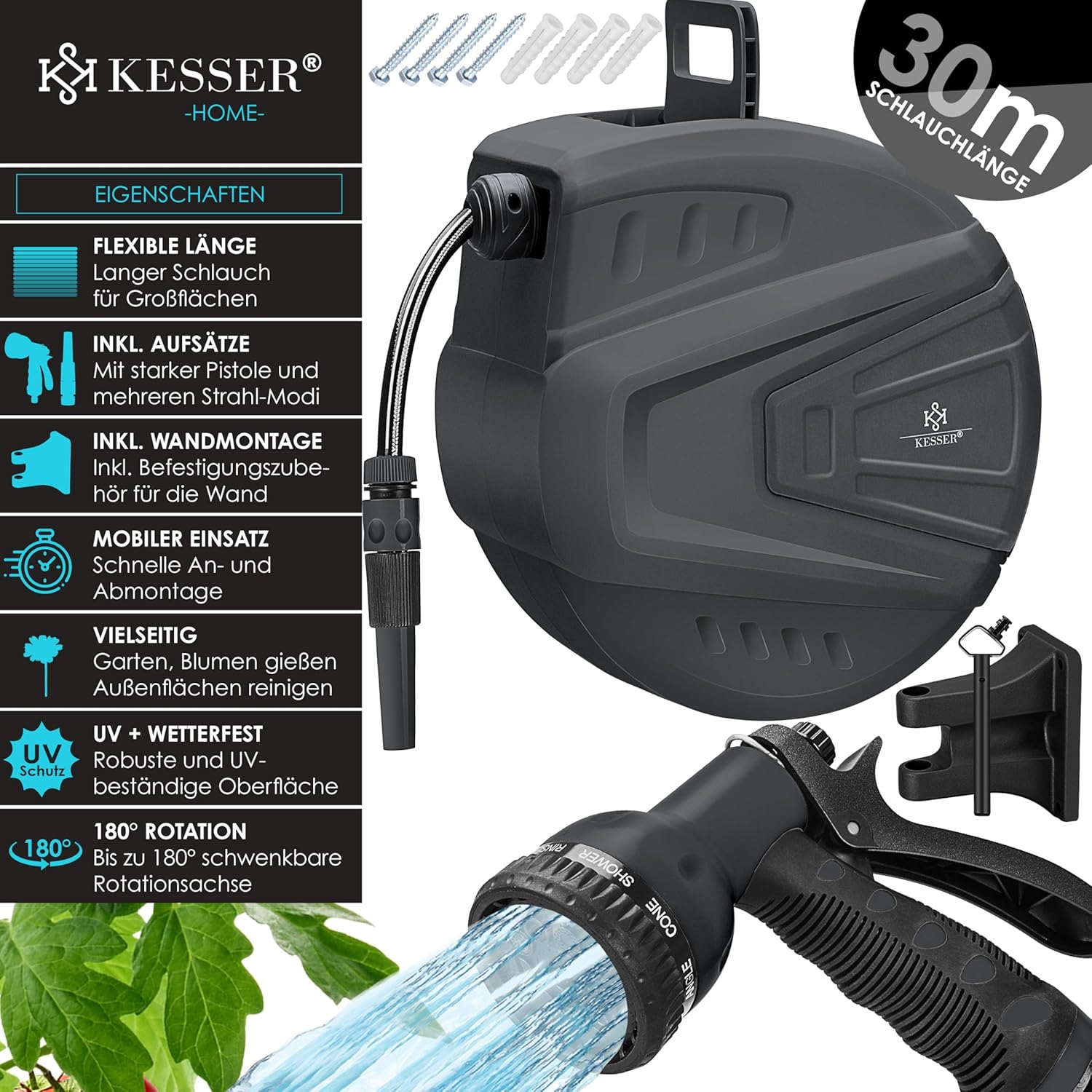 KESSER® automatische Schlauchtrommel 30 m + 2 m, Wand Schlauchbox mit Aufrollautomatik, Schlauchaufroller mit Gartenschlauch, 180° schwenkbar + Multi Handbrause mit 9 Modi, inkl. 2 Aufsätze, Anthrazit — Ansicht 2