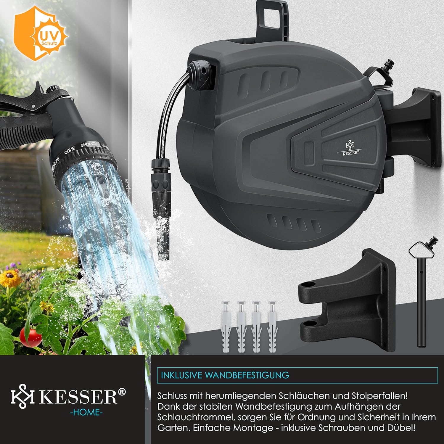 KESSER® automatische Schlauchtrommel 30 m + 2 m, Wand Schlauchbox mit Aufrollautomatik, Schlauchaufroller mit Gartenschlauch, 180° schwenkbar + Multi Handbrause mit 9 Modi, inkl. 2 Aufsätze, Anthrazit — Ansicht 3