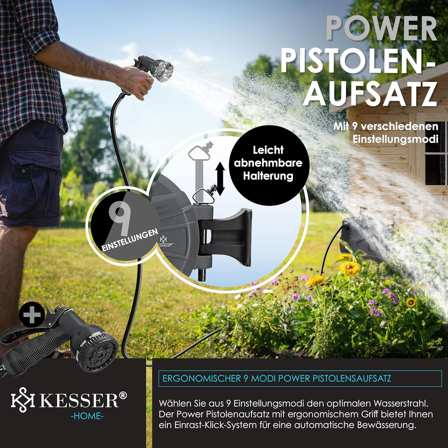 KESSER® automatische Schlauchtrommel 30 m + 2 m, Wand Schlauchbox mit Aufrollautomatik, Schlauchaufroller mit Gartenschlauch, 180° schwenkbar + Multi Handbrause mit 9 Modi, inkl. 2 Aufsätze, Anthrazit — Ansicht 6