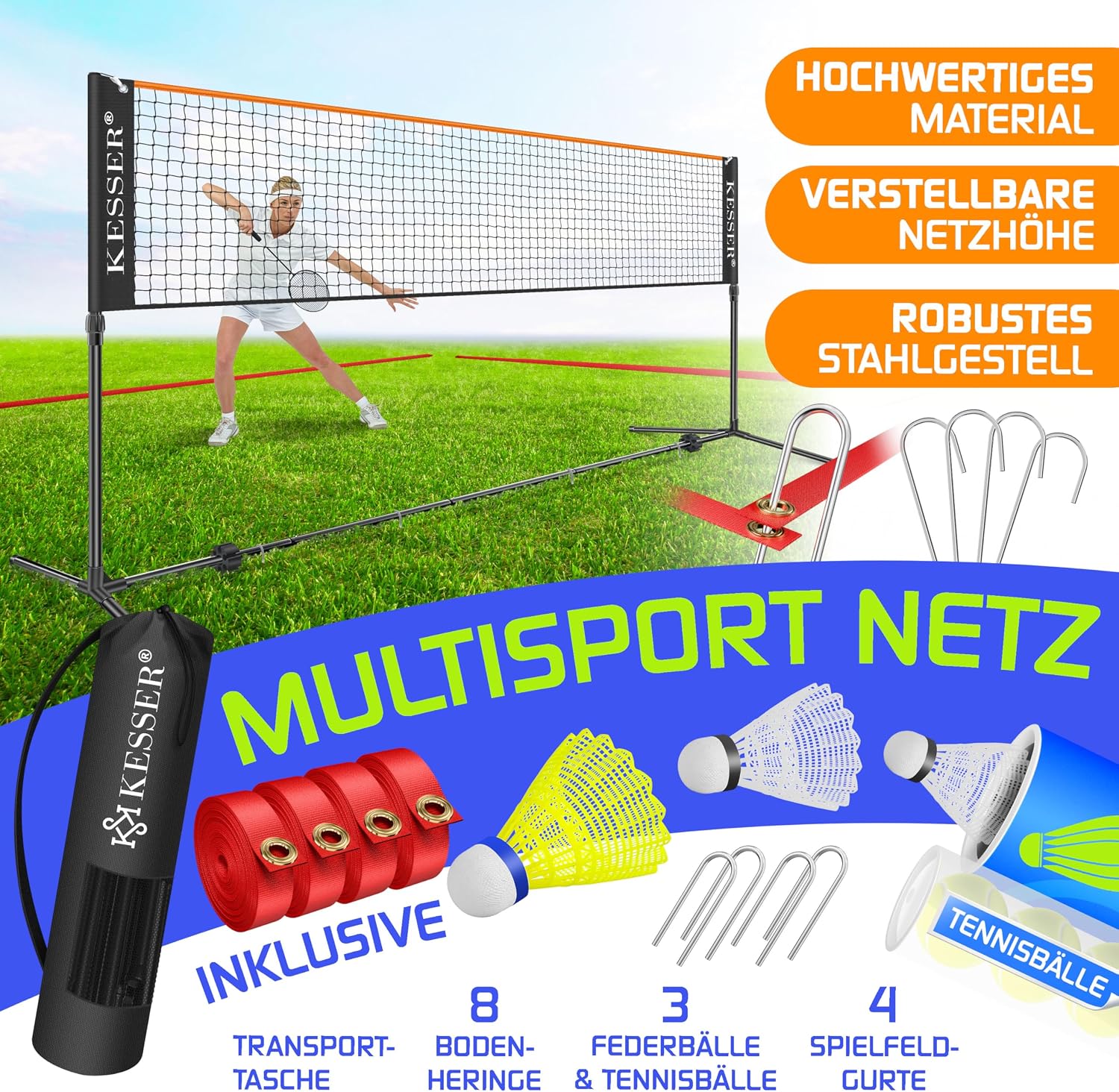 KESSER® Badmintonnetz Tennisnetz | Federballnetz 3-Fach-Höhenverstellbar 107/120/155cm, Set bestehend aus Netz, 3X Federball & 3X Tennisball, Transporttasche, stabilem Eisen-Gestell, Indoor & Outdoor — Ansicht 2