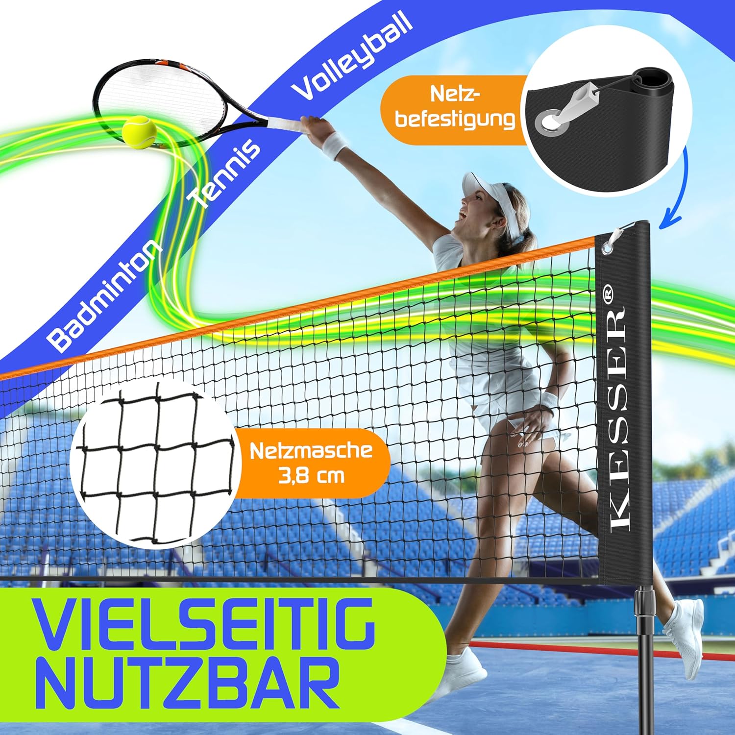 KESSER® Badmintonnetz Tennisnetz | Federballnetz 3-Fach-Höhenverstellbar 107/120/155cm, Set bestehend aus Netz, 3X Federball & 3X Tennisball, Transporttasche, stabilem Eisen-Gestell, Indoor & Outdoor — Ansicht 4