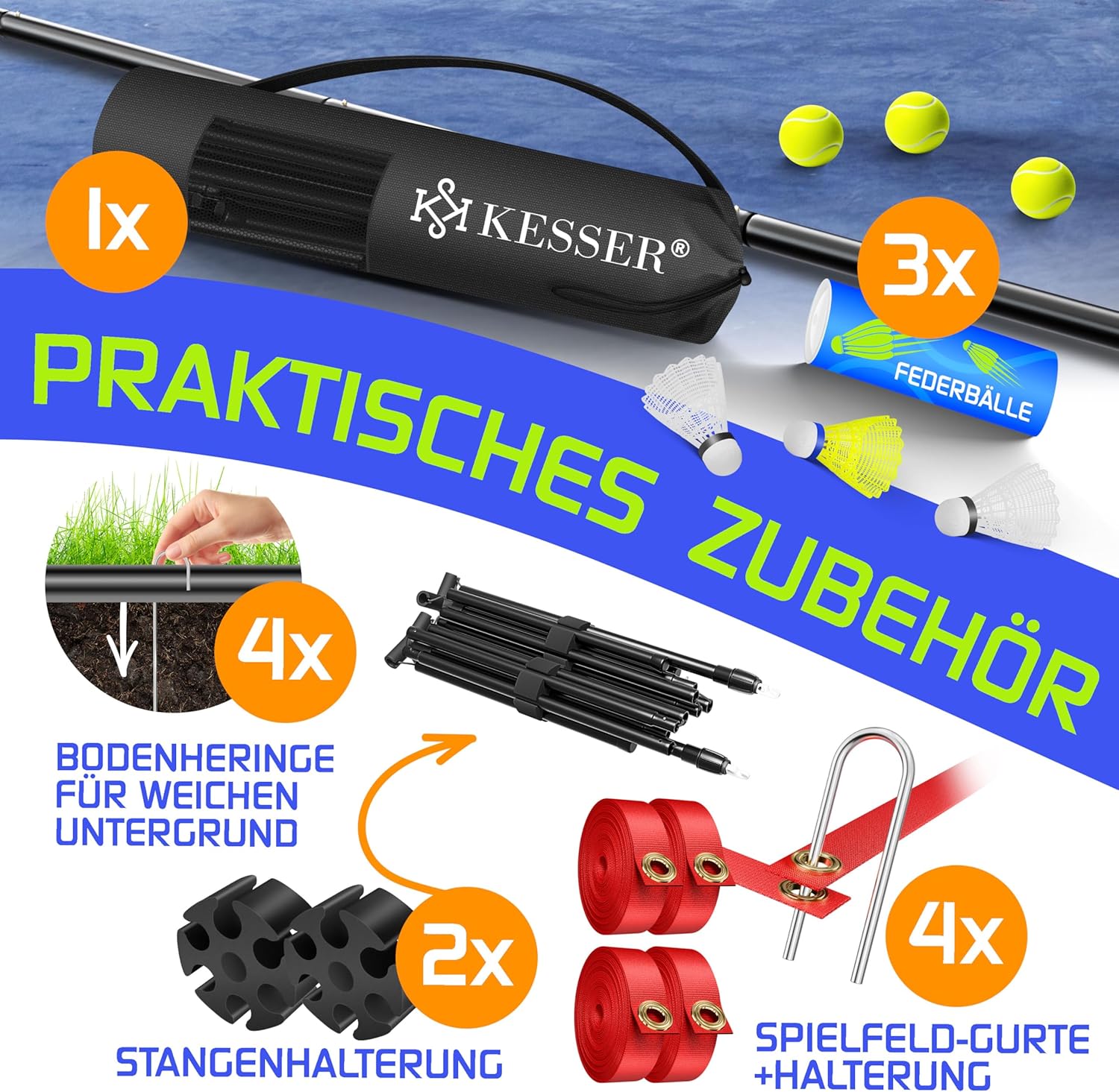 KESSER® Badmintonnetz Tennisnetz | Federballnetz 3-Fach-Höhenverstellbar 107/120/155cm, Set bestehend aus Netz, 3X Federball & 3X Tennisball, Transporttasche, stabilem Eisen-Gestell, Indoor & Outdoor — Ansicht 5
