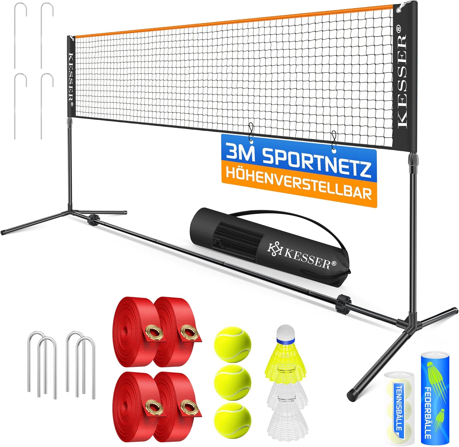 KESSER® Badmintonnetz Tennisnetz | Federballnetz 3-Fach-Höhenverstellbar 107/120/155cm, Set bestehend aus Netz, 3X Federball & 3X Tennisball, Transporttasche, stabilem Eisen-Gestell, Indoor & Outdoor