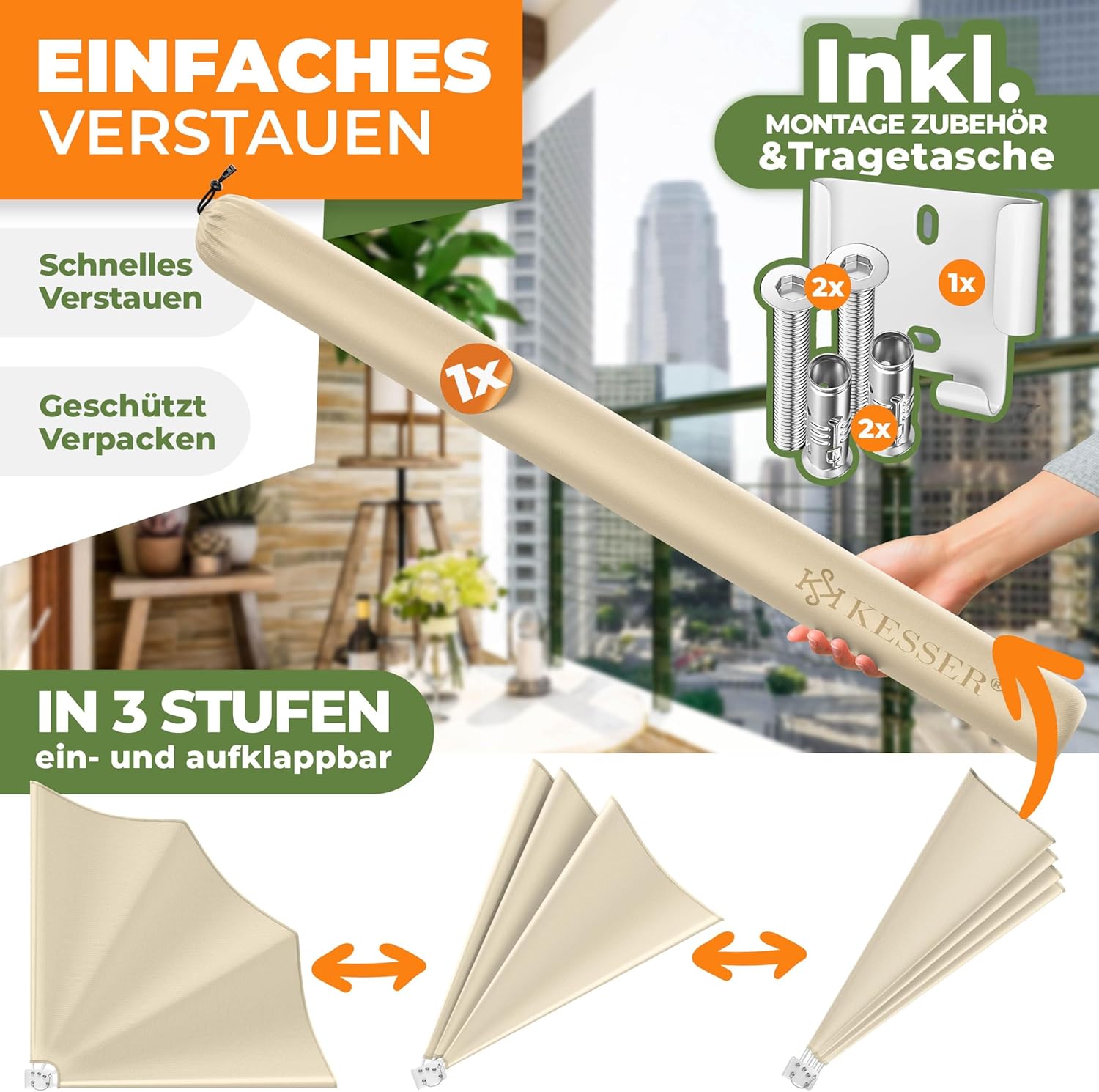 KESSER® Balkonfächer klappbar mit Wandhalterung | 140x140cm | Sichtschutz Balkon Windschutz | Balkonsichtschutz | Seitenmarkise | witterungsbeständig | inkl. Montagematerial & Schutzcover | Beige — Ansicht 5