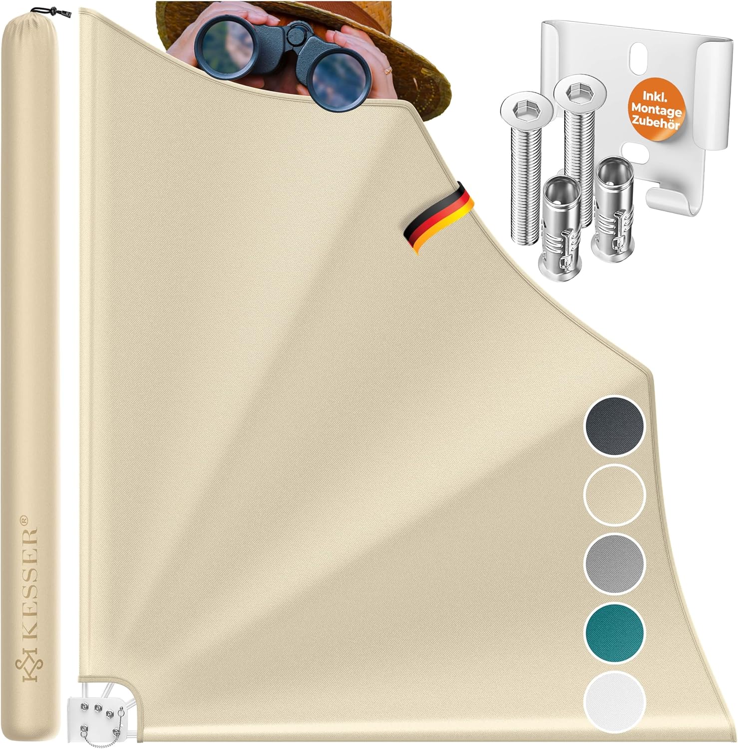 KESSER® Balkonfächer klappbar mit Wandhalterung | 140x140cm | Sichtschutz Balkon Windschutz | Balkonsichtschutz | Seitenmarkise | witterungsbeständig | inkl. Montagematerial & Schutzcover | Beige