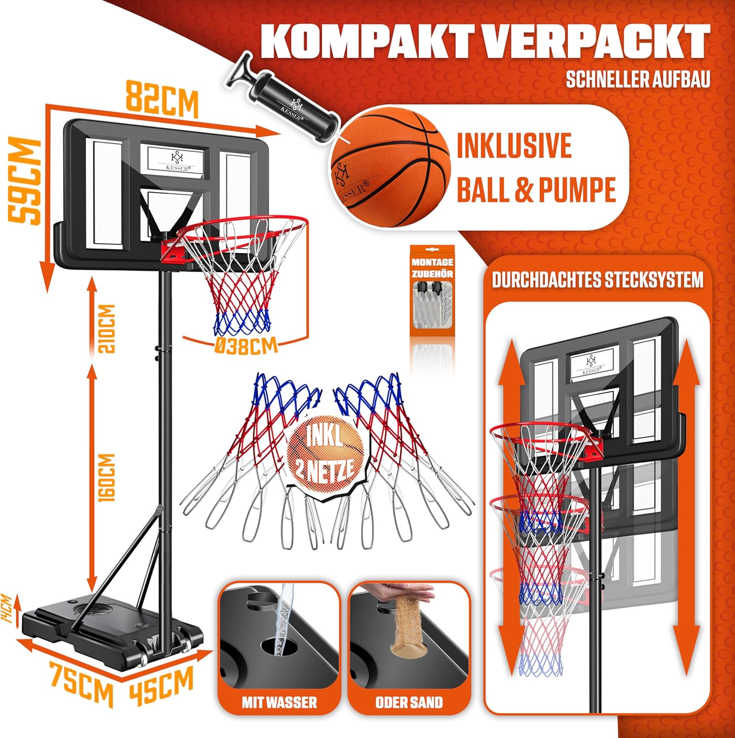 KESSER® Basketballkorb Set höhenverstellbar Mobiler Basketballständer mit Rollen, Backboard, Basketball, Pumpe & 2 Netzen - Indoor & Outdoor Basketballanlage für Kinder & Erwachsene — Ansicht 2