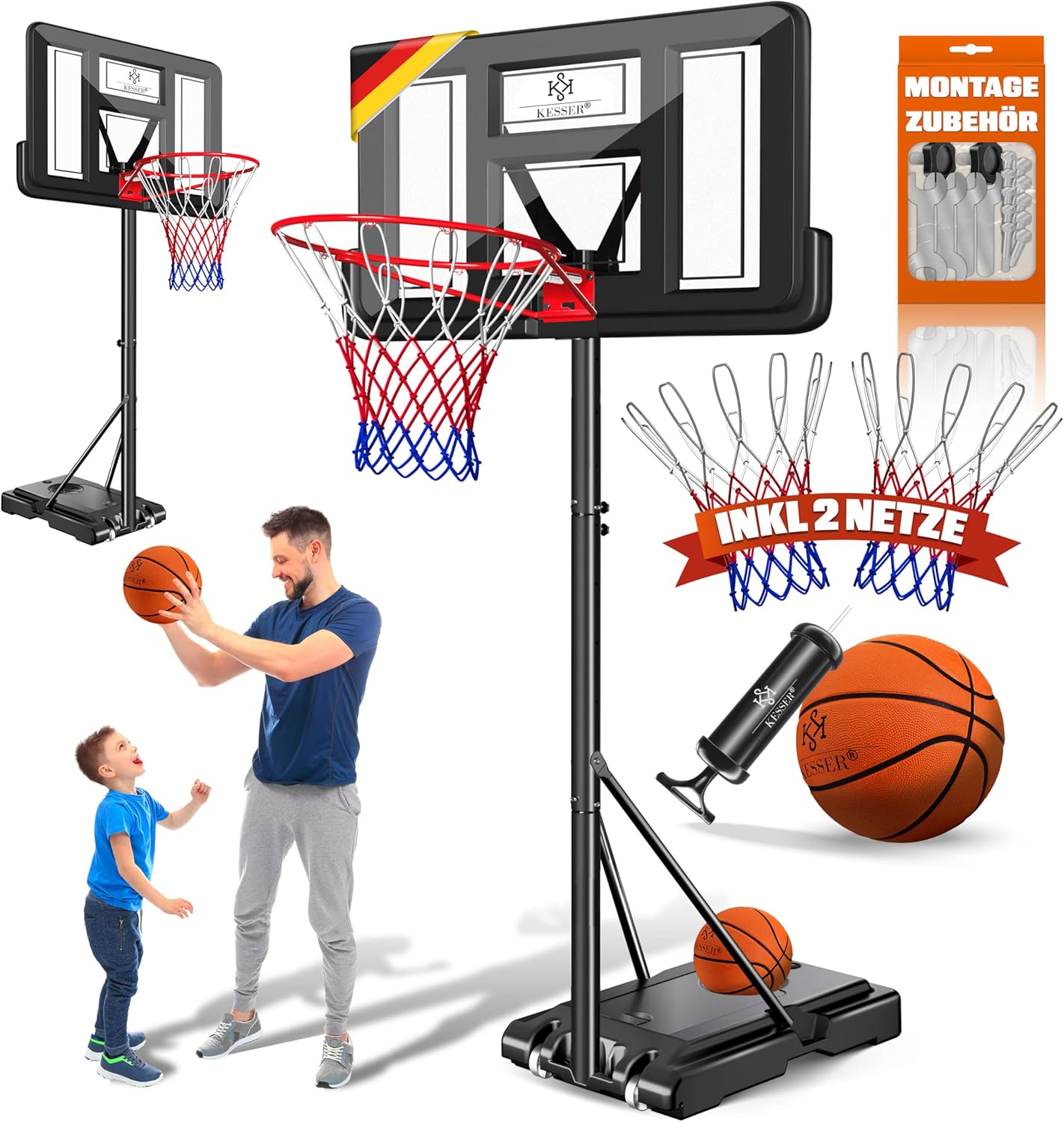 KESSER® Basketballkorb Set höhenverstellbar Mobiler Basketballständer mit Rollen, Backboard, Basketball, Pumpe & 2 Netzen - Indoor & Outdoor Basketballanlage für Kinder & Erwachsene