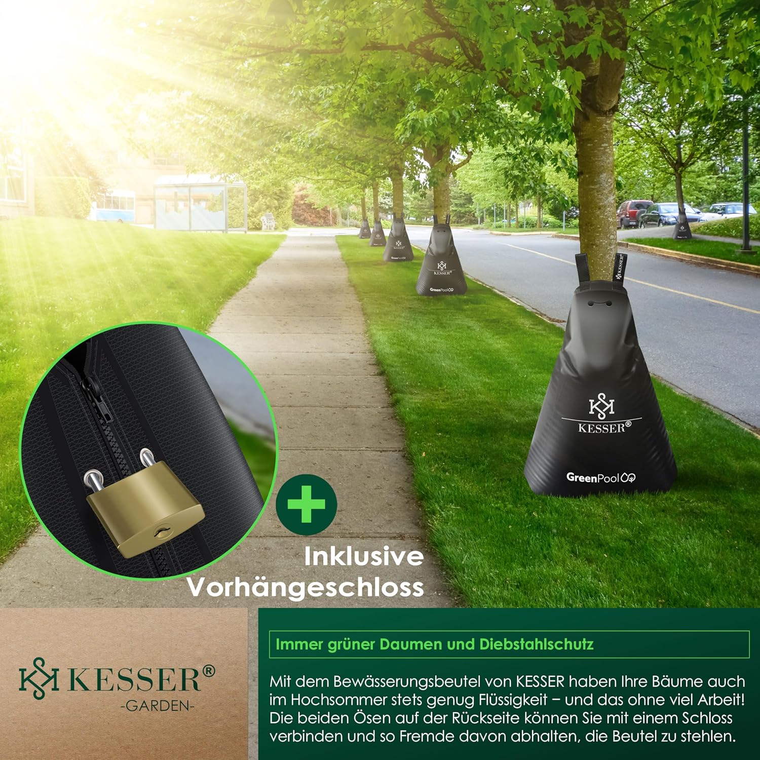 KESSER® Baum-Bewässerungssack 8er Set 75L Wassersack, Baumbewässerungsbeutel, PVC-Tasche langlebig & UV-beständig, Baumbeutel Garten Bewässerungssystem & gezielte Bewässerung von Bäumen, mit Schloss — Ansicht 5