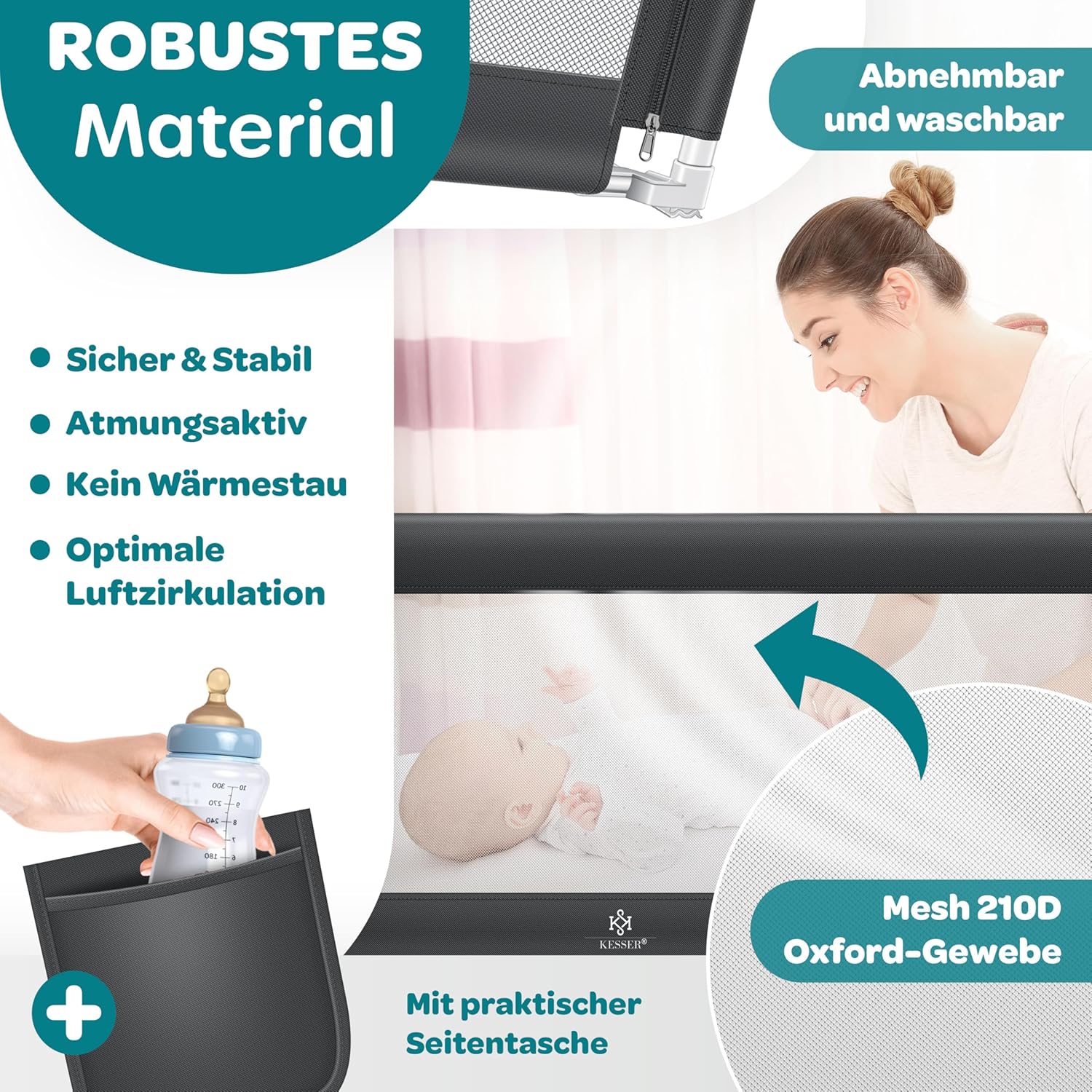 KESSER® Bettschutzgitter 180 cm, Rausfallschutz Bett & Bettgitter Kinderbett, klapp- & höhenverstellbar, Kindersicherung Baby Fallschutz, Mesh Netz, Kinderbett Schutzgitter + Tasche, Dunkelgrau — Ansicht 2